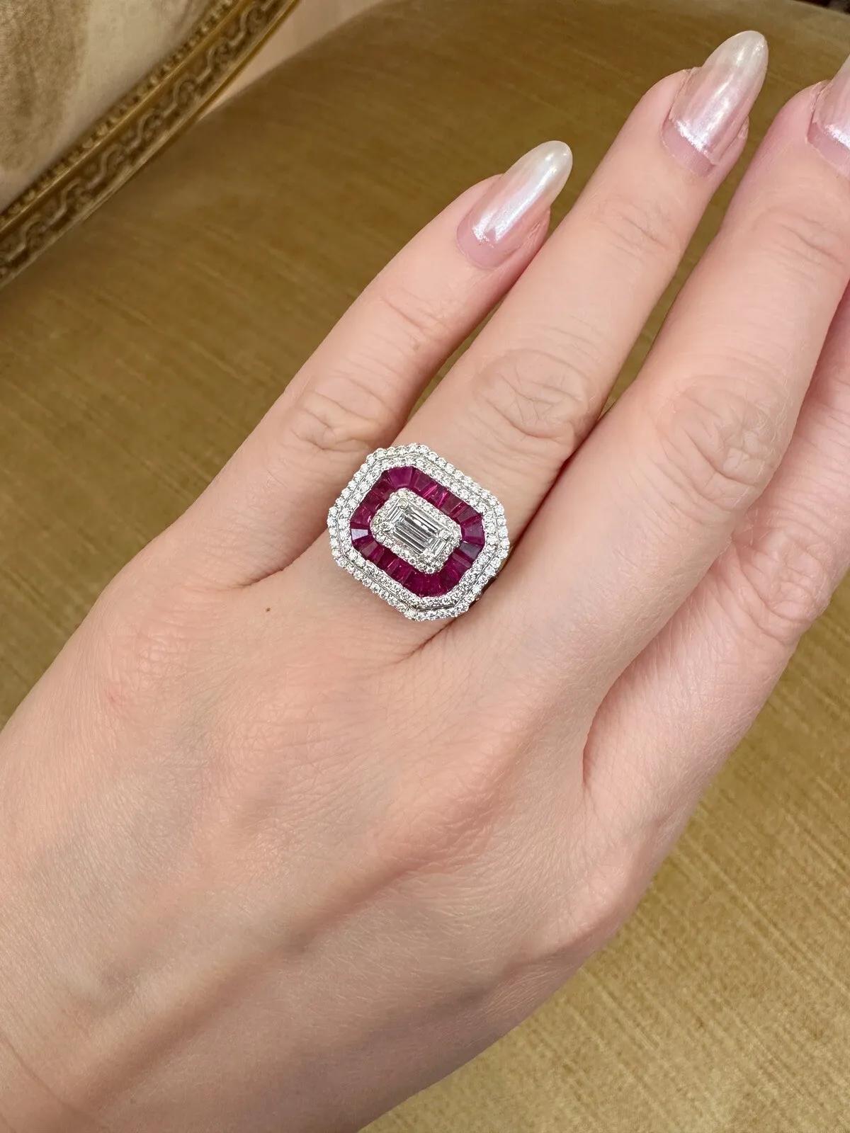 Women's Ruby and Diamond Illusion set Ring in 18k White Gold