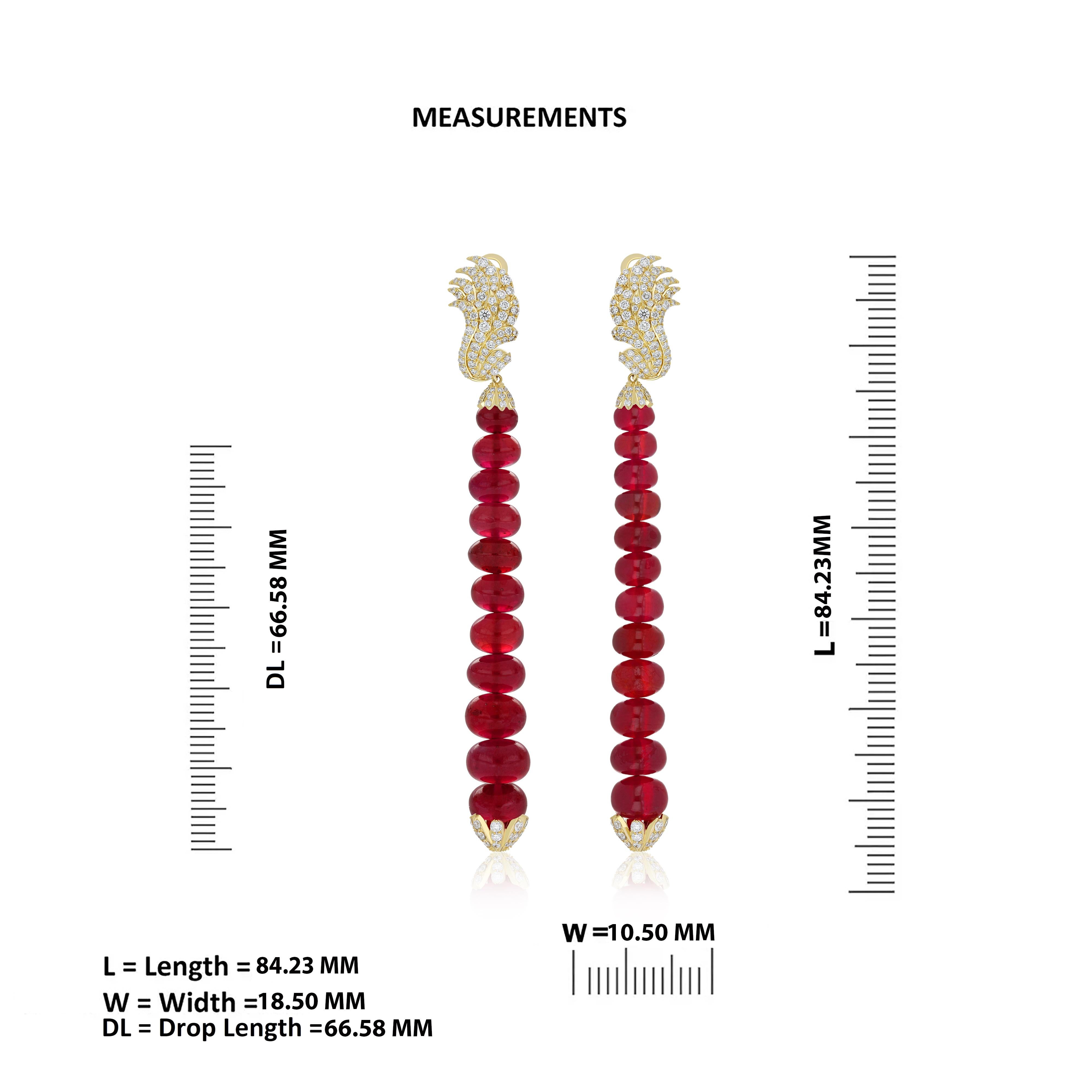 Women's Ruby and Diamond in 18 Karat Yellow Gold Hand-made Party Wear Drop Beads Earring For Sale