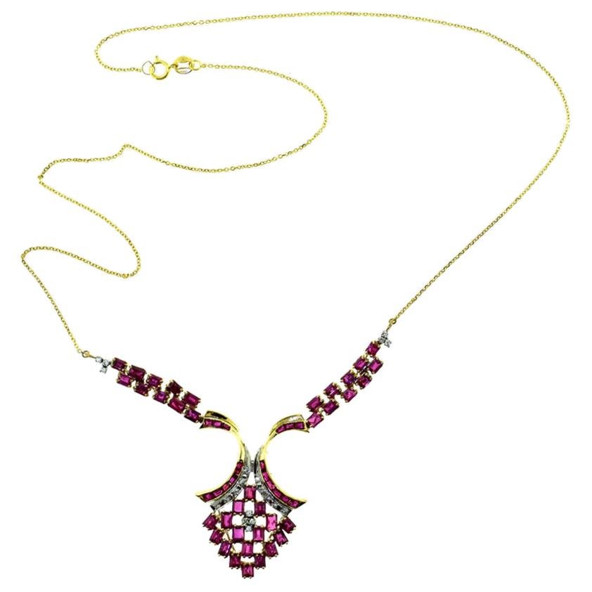 Ruby and Diamond in Yellow Gold Drop Necklace