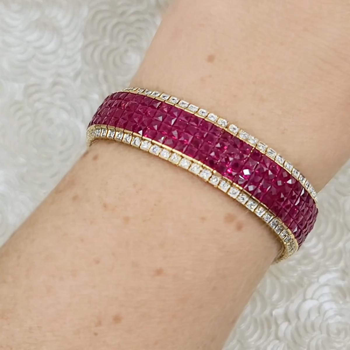 Artist Ruby and Diamond Invisibly Set Bracelet Crafted  Gold. For Sale