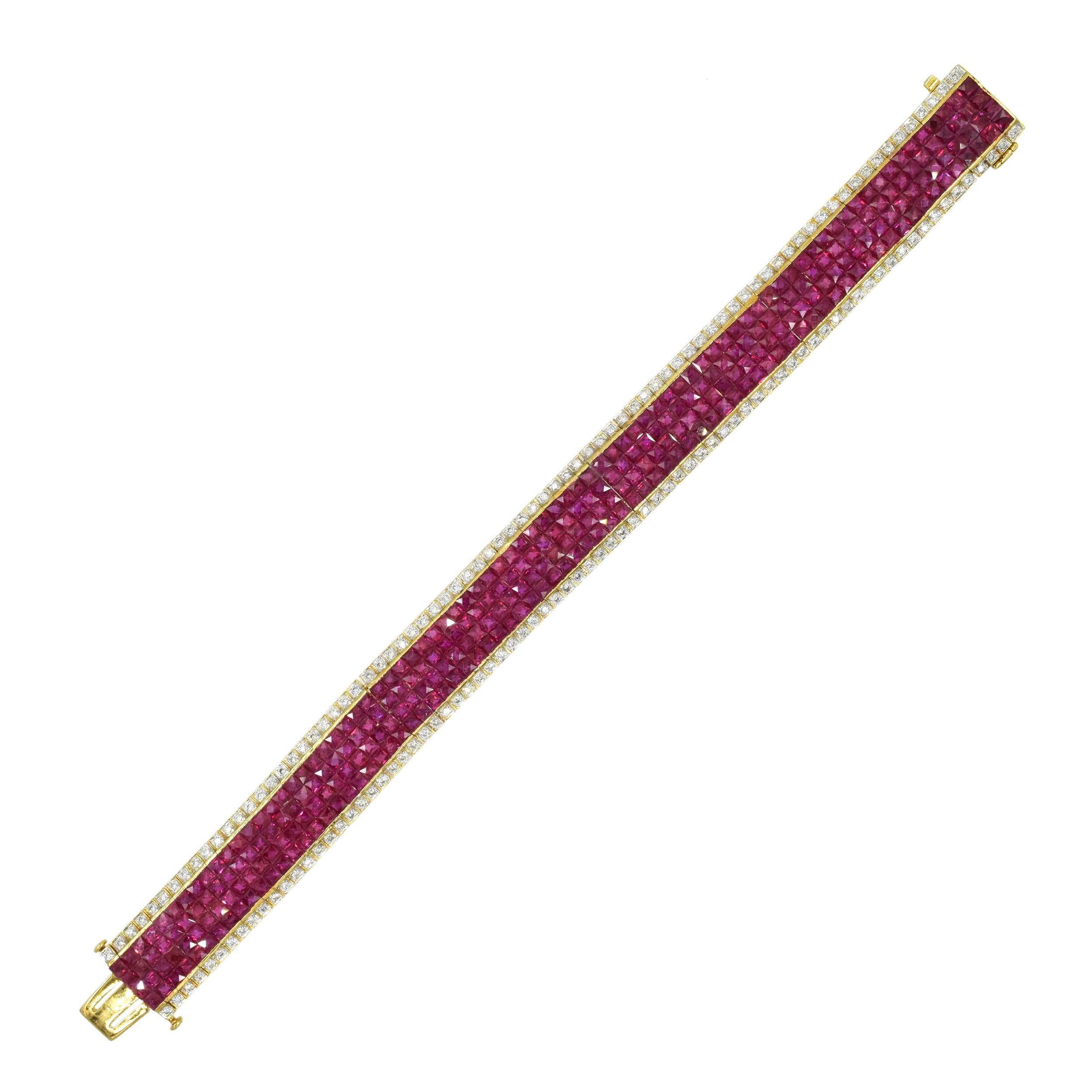 Square Cut Ruby and Diamond Invisibly Set Bracelet Crafted  Gold. For Sale