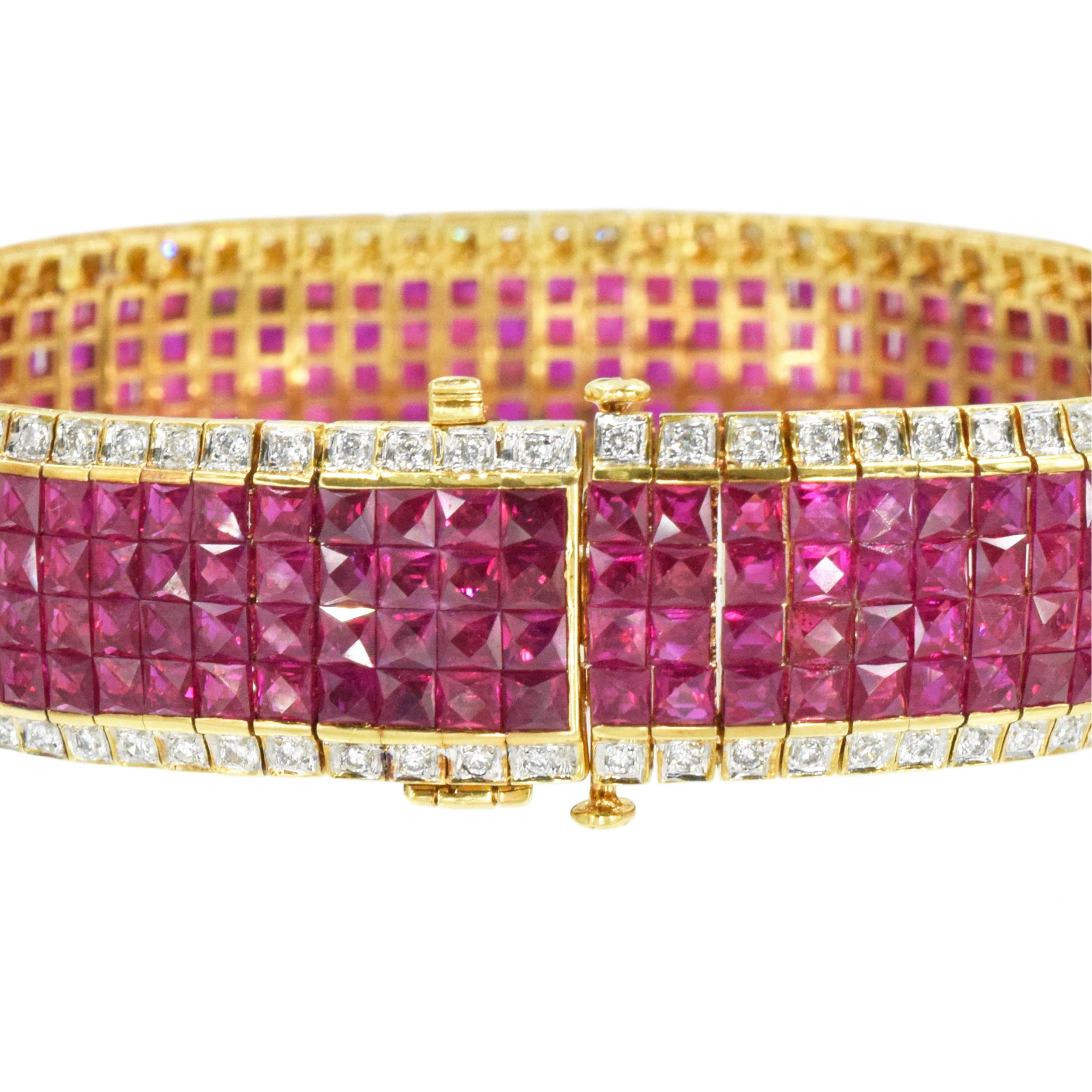 Women's or Men's  Ruby and Diamond Invisibly Set Bracelet Crafted  Gold. For Sale