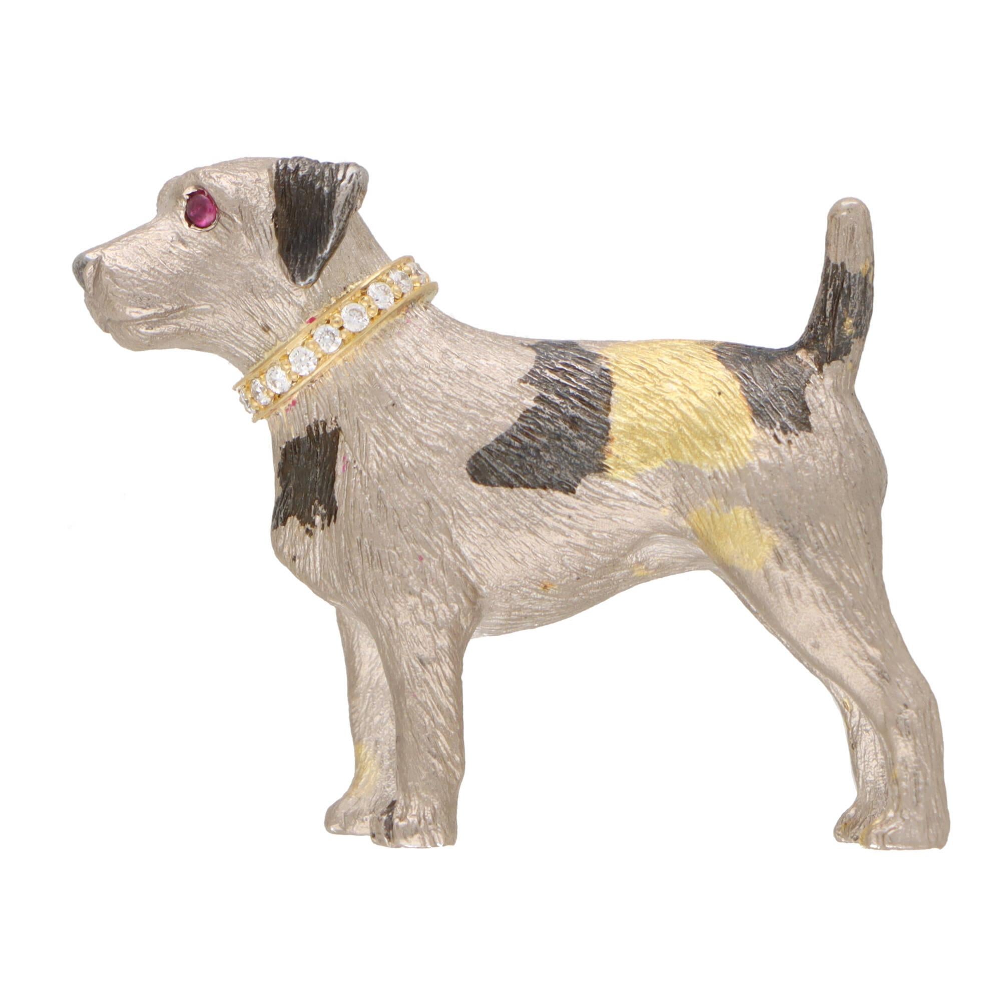 Ruby and Diamond Jack Russell Terrier Pin Brooch in 18k White Gold In New Condition In London, GB
