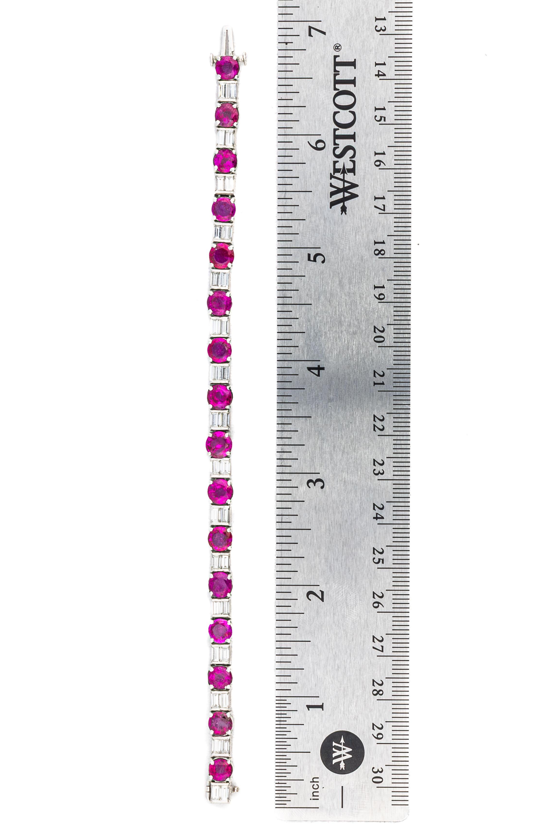 Baguette Cut Ruby and Diamond Tennis Bracelet in Platinum For Sale