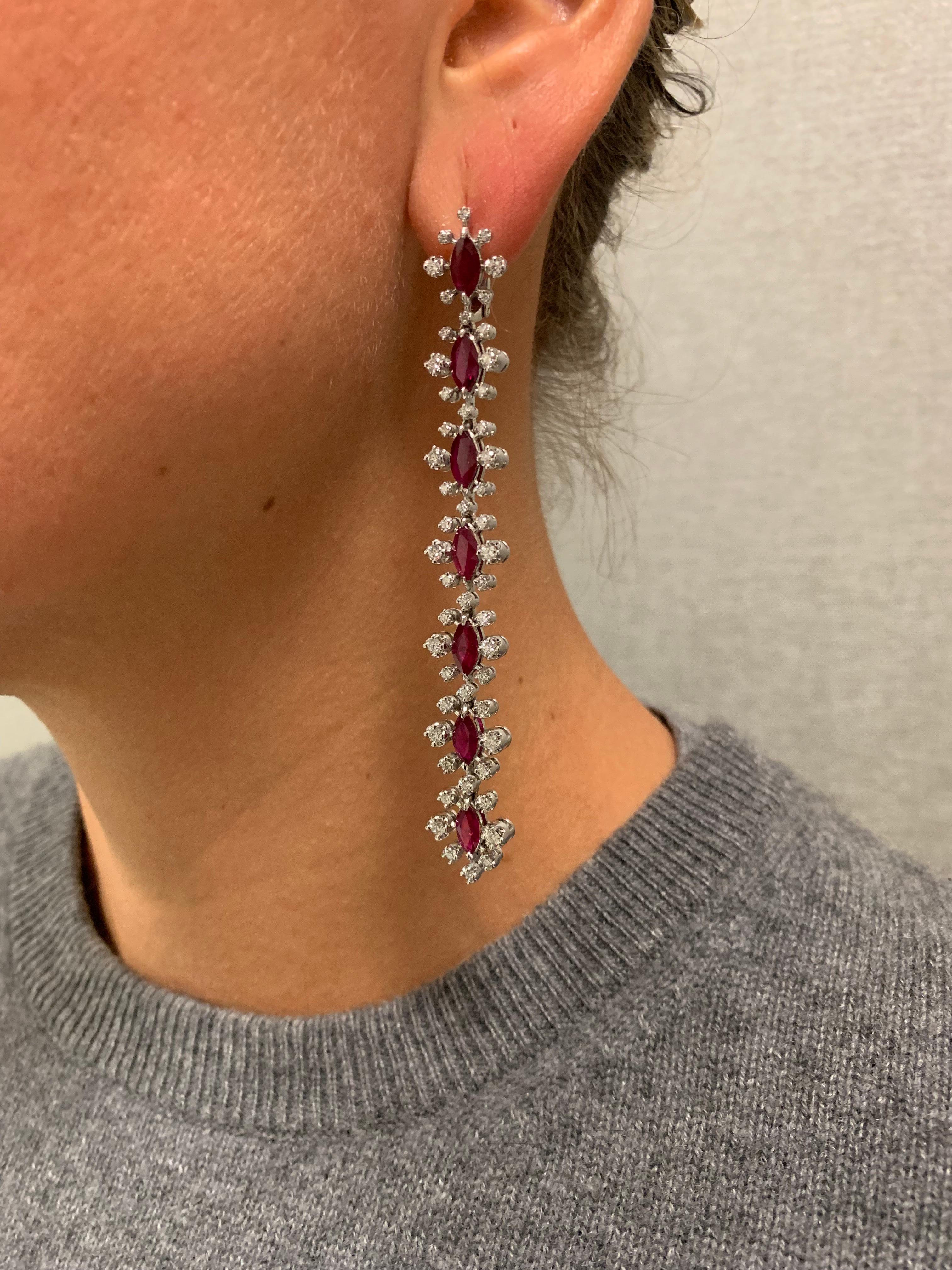 Marquise Cut Ruby and Diamond Line Earrings For Sale