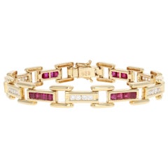 Vintage Ruby and Diamond Link Bracelet, 14 Karat Yellow Gold Women's 3.60 Carat