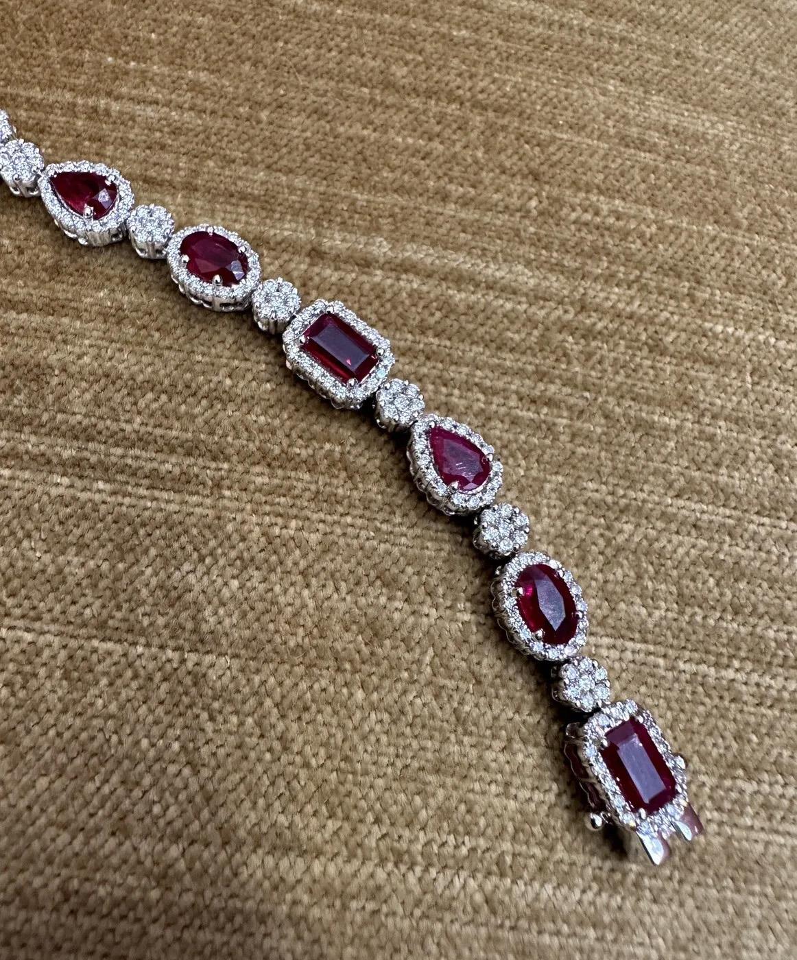 Emerald Cut Ruby and Diamond Link Bracelet 7.65 Carats Total Weight in 18k White Gold For Sale