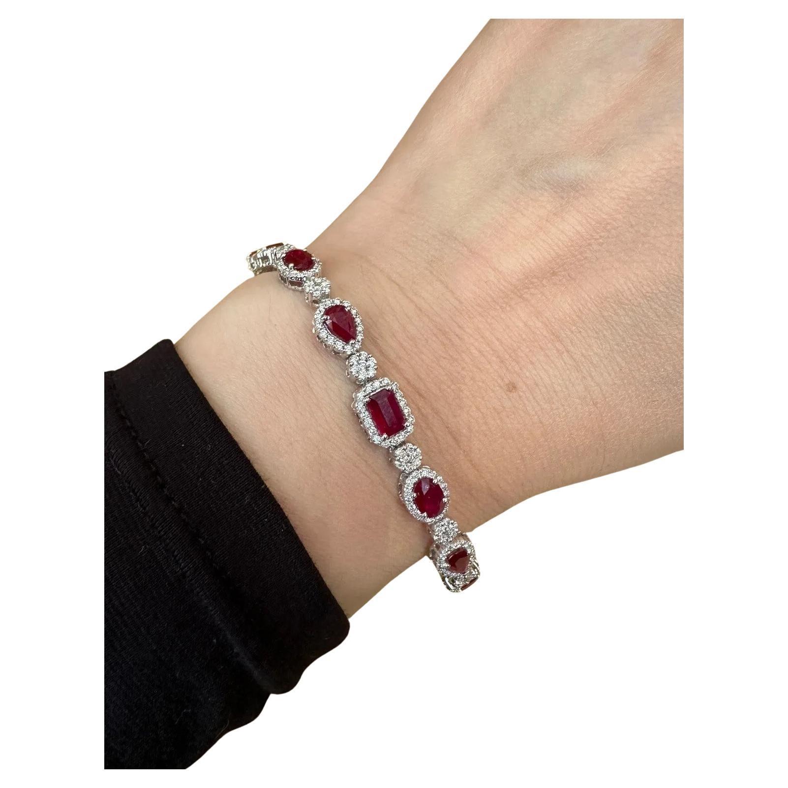 Ruby and Diamond Link Bracelet 7.65 Carats Total Weight in 18k White Gold For Sale