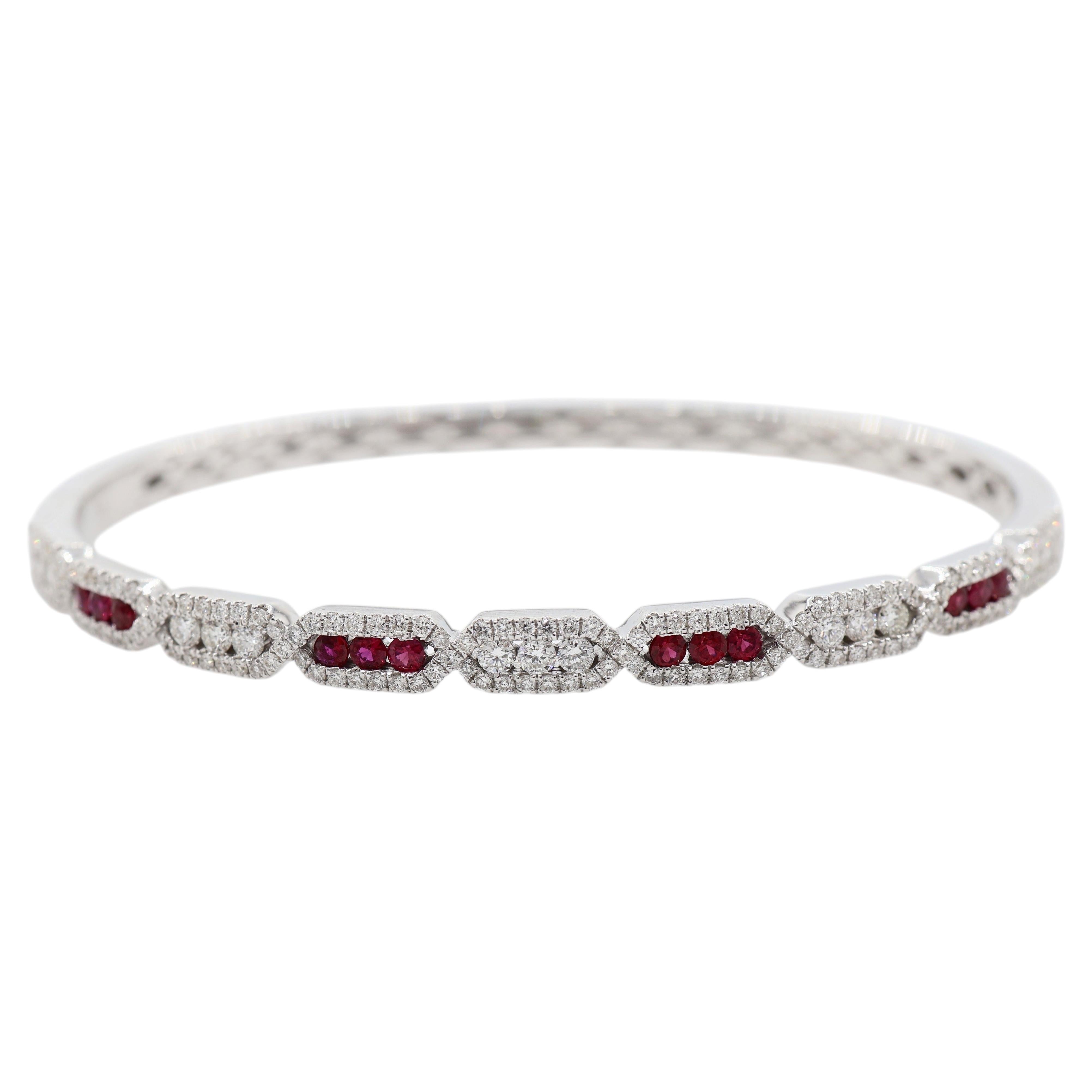 Ruby and Diamond Link Bracelet in 18K White Gold with Pavé Diamond Stations