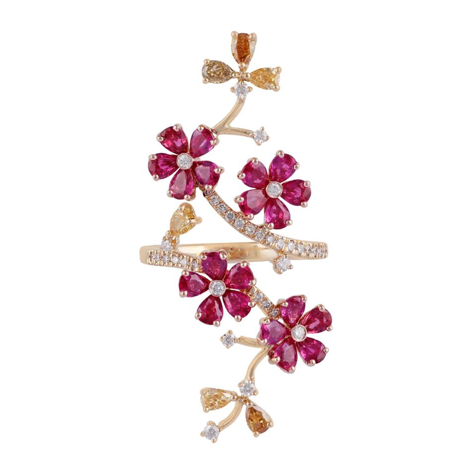 Ruby and Diamond Long Finger Ring, Set in Rose and Yellow Gold
