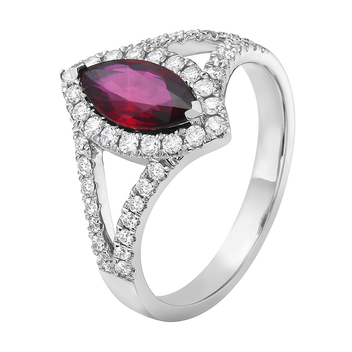 With this exquisite diamond and ruby ring, style and glamour are in the spotlight. This 18-karat diamond and ruby ring is made from 3.7 grams of gold. This ring is adorned with VS2, G color diamonds, made out of 40 diamonds totaling 0.39 carats, and