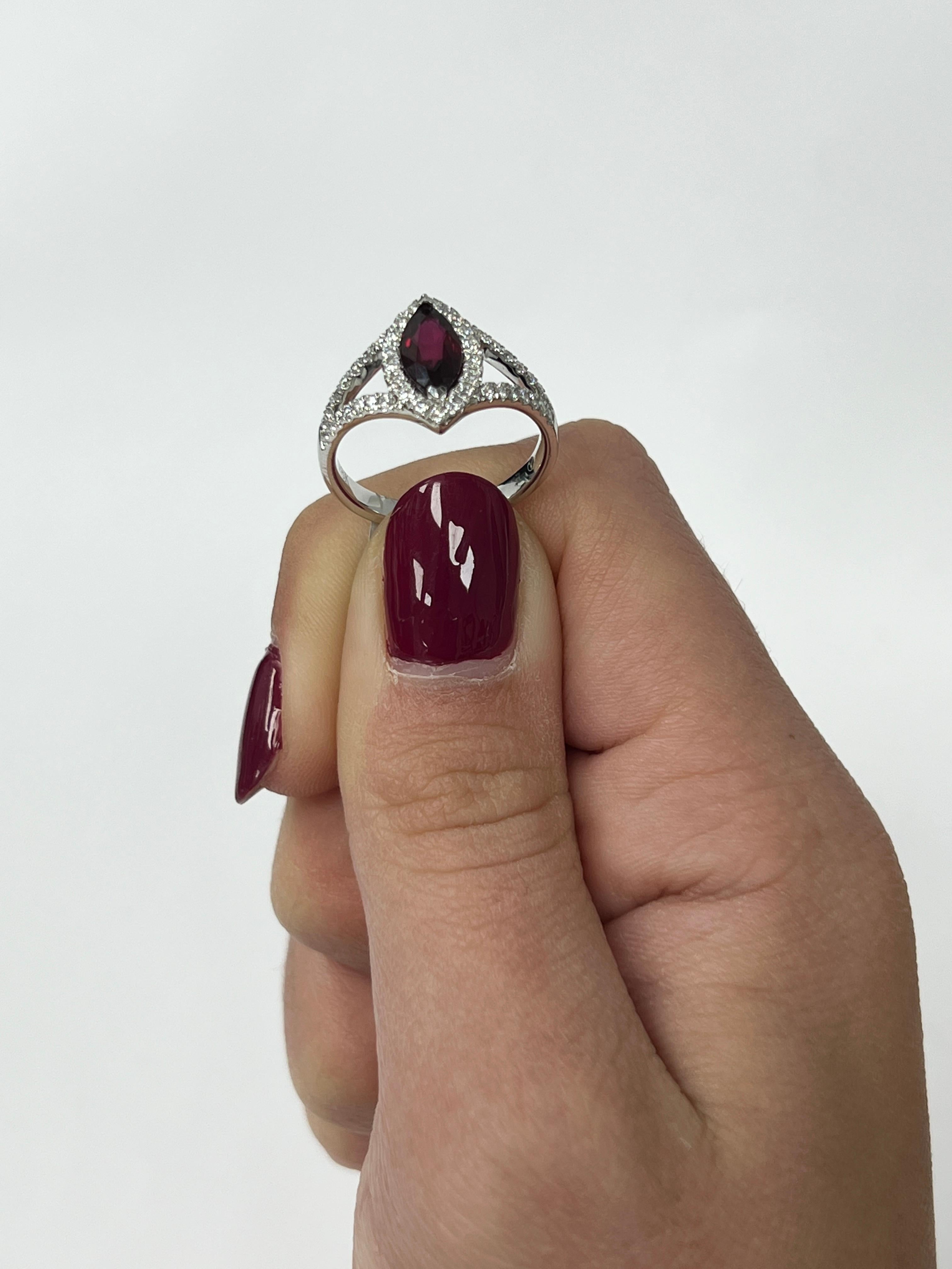 Modern Ruby and Diamond Marquise Shaped Ring For Sale