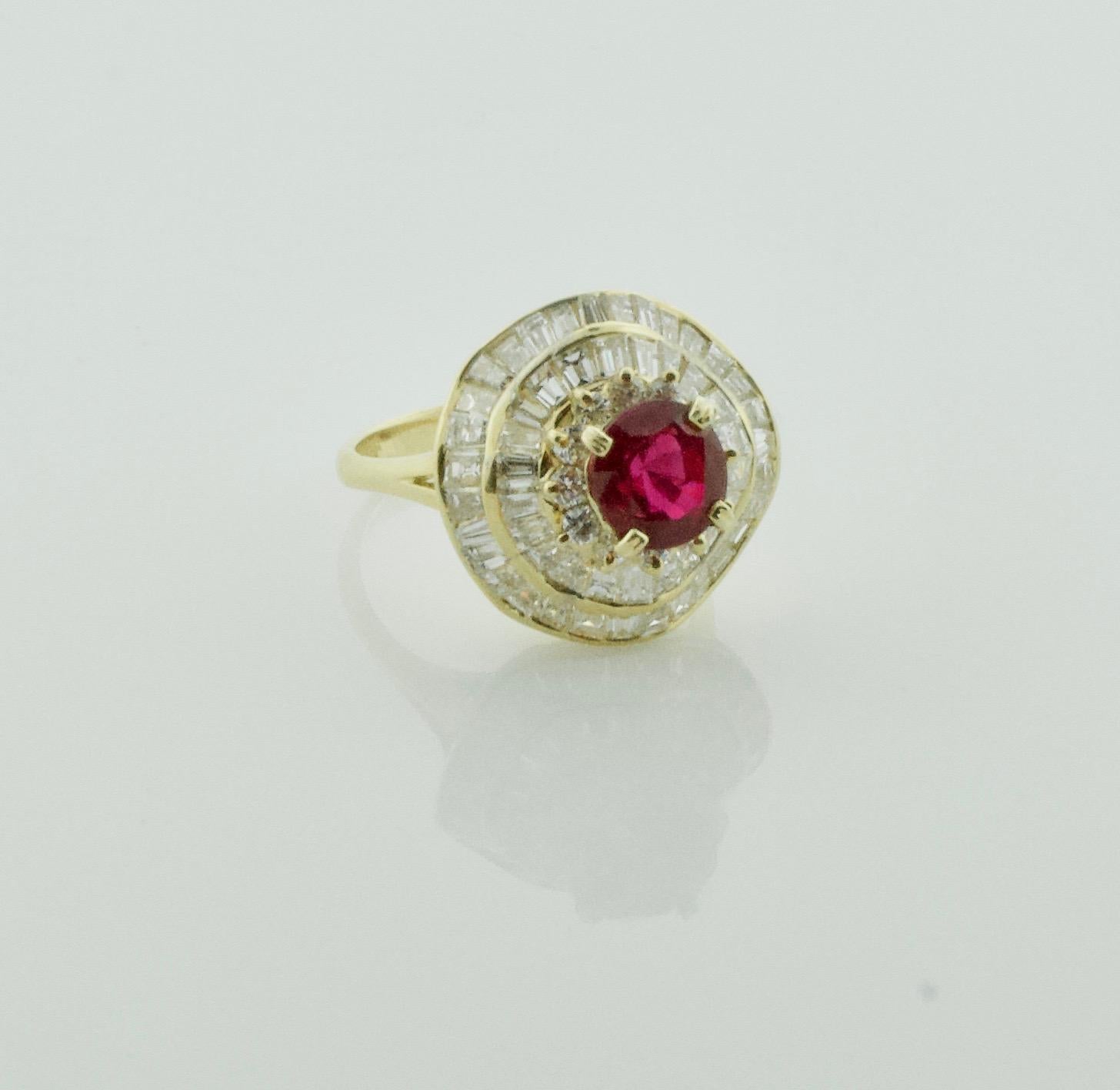 Ruby and Diamond Modern Pretty Ballerina Ring in 18k
One Round Cut Ruby Weighing 1.78 Carats 
Fifty Three Tapered Baguette  Cut Diamonds Weighing 2.28 Carats
Twelve  Round Brilliant Cut Diamonds Weighing .31 Carats 
2.59 Total Diamond Weight  