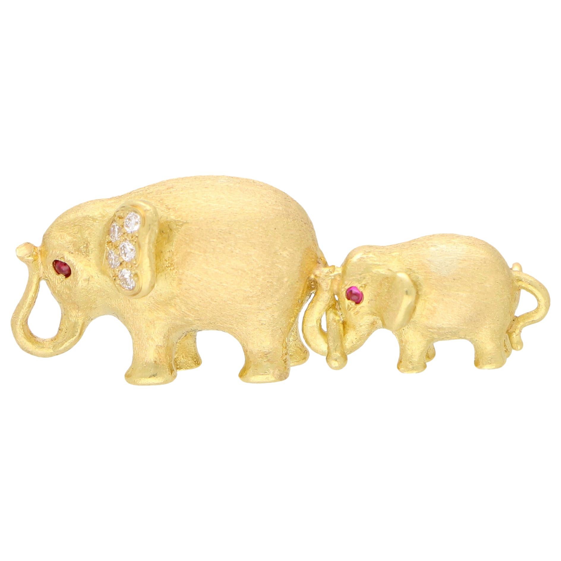 Ruby and Diamond Mother and Baby Elephant Brooch Set in 18 Karat Yellow Gold