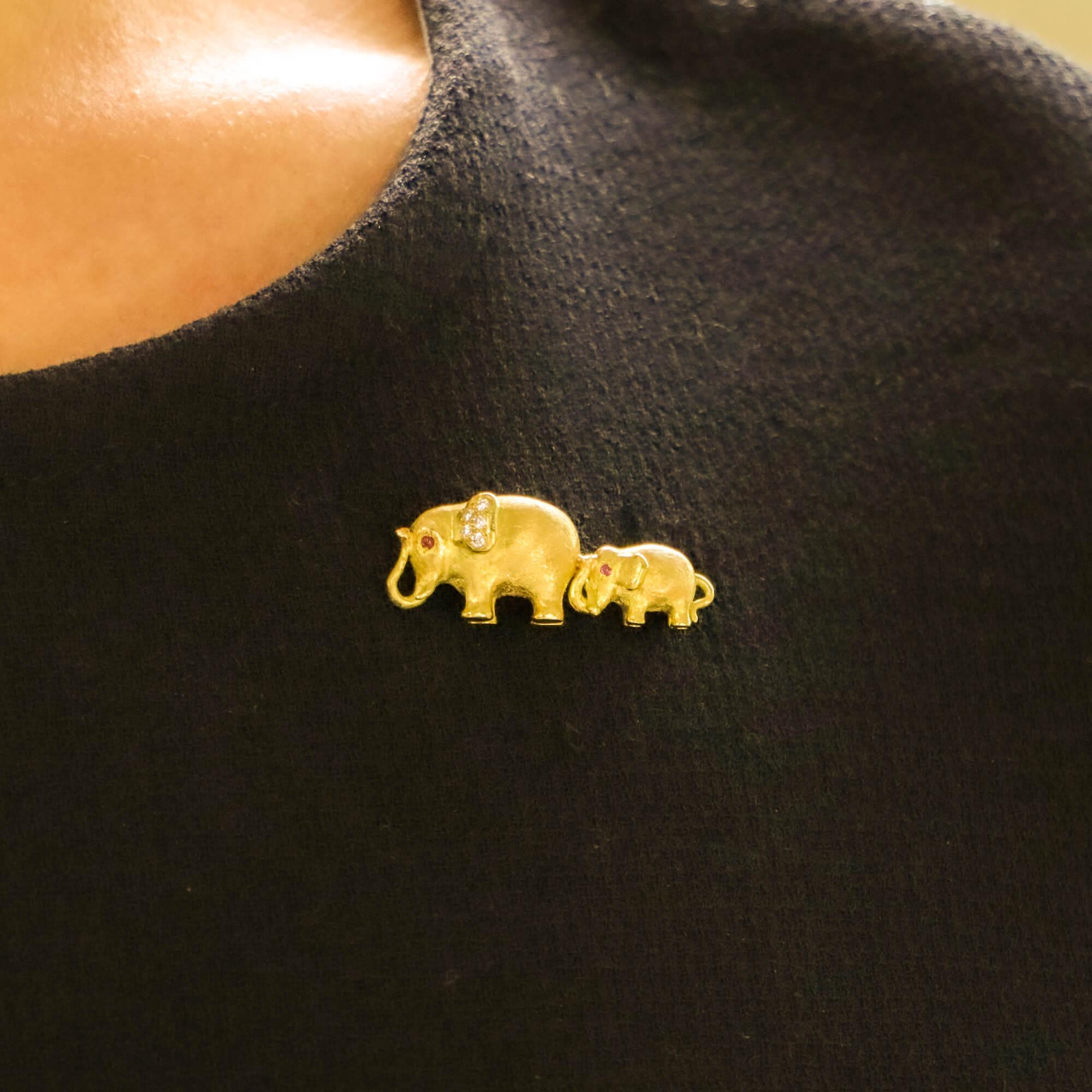 Modern Ruby and Diamond Mother and Baby Elephant Brooch Set in 18 Karat Yellow Gold