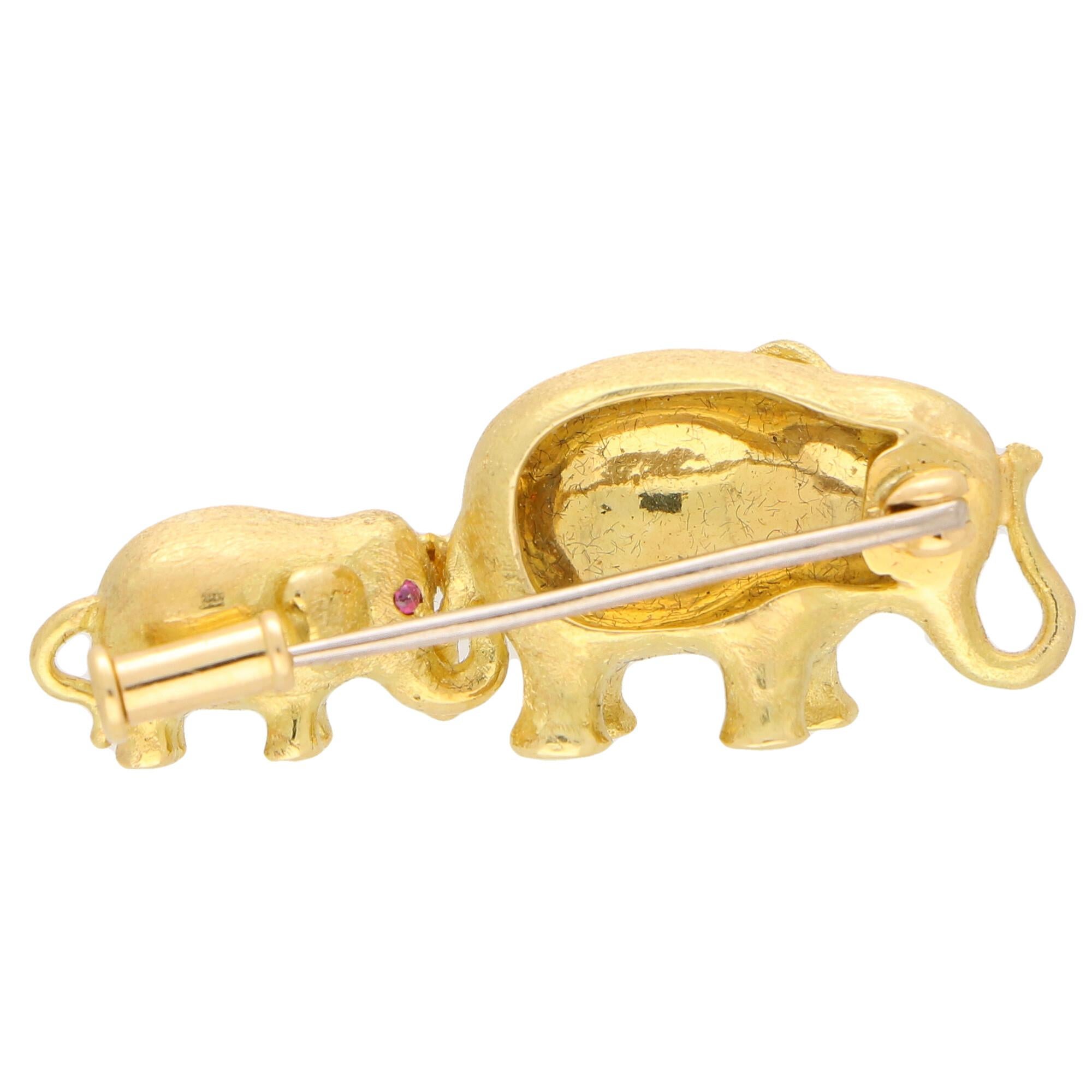 Round Cut Ruby and Diamond Mother and Baby Elephant Brooch Set in 18 Karat Yellow Gold