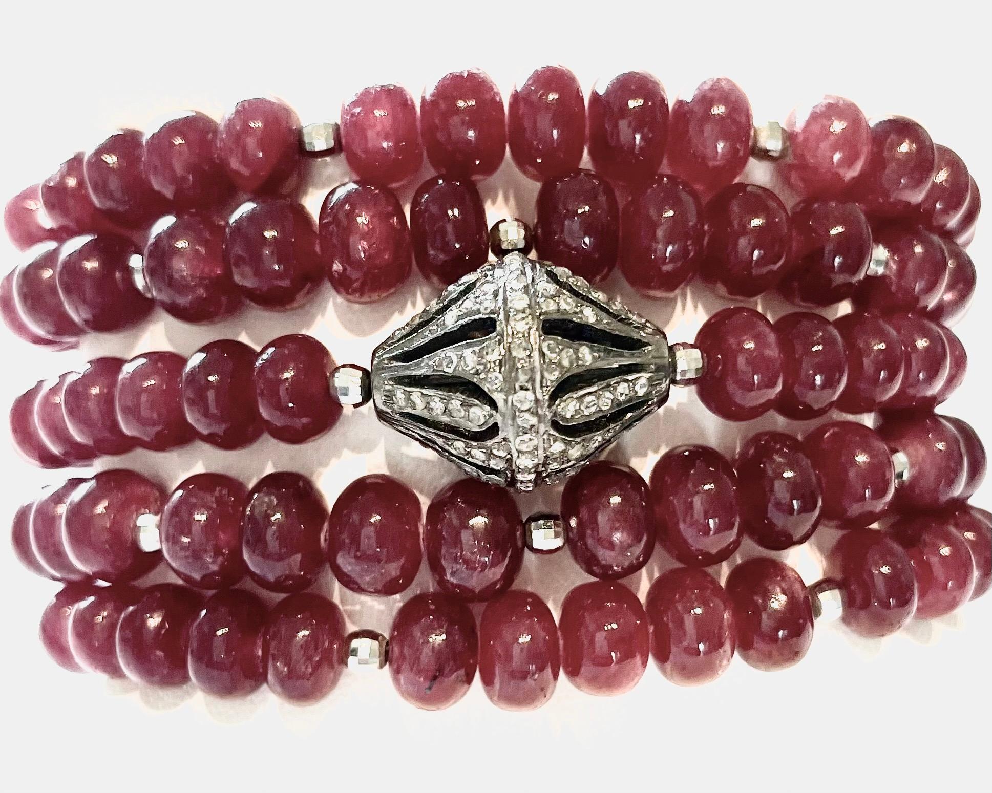 Artisan Ruby and Diamond Multi-Strand Bracelet For Sale