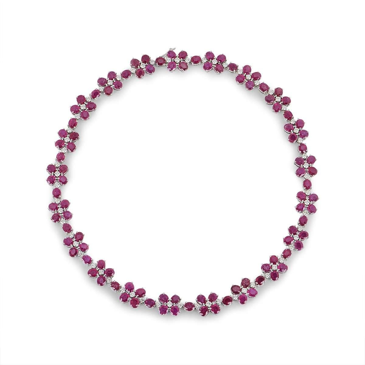 Oval Cut Ruby and Diamond Necklace 76.86 Carat Rubies
