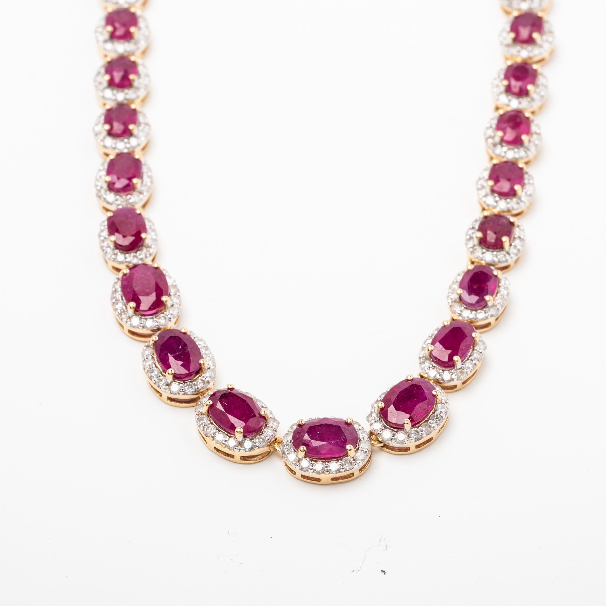 Ruby and Diamond Necklace
Designed as a line of oval-shaped rubies, framed and accented by round diamonds, set with 50 oval faceted Rubies weighing approximately 27.66 carats, and 1260 round-cut diamonds weighing approximately 6.08 carats, length 17