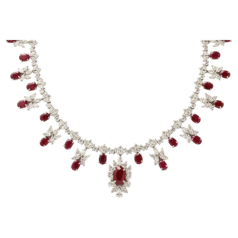 French Antique Stunning Burmese Ruby and Diamond Cluster Necklace ...