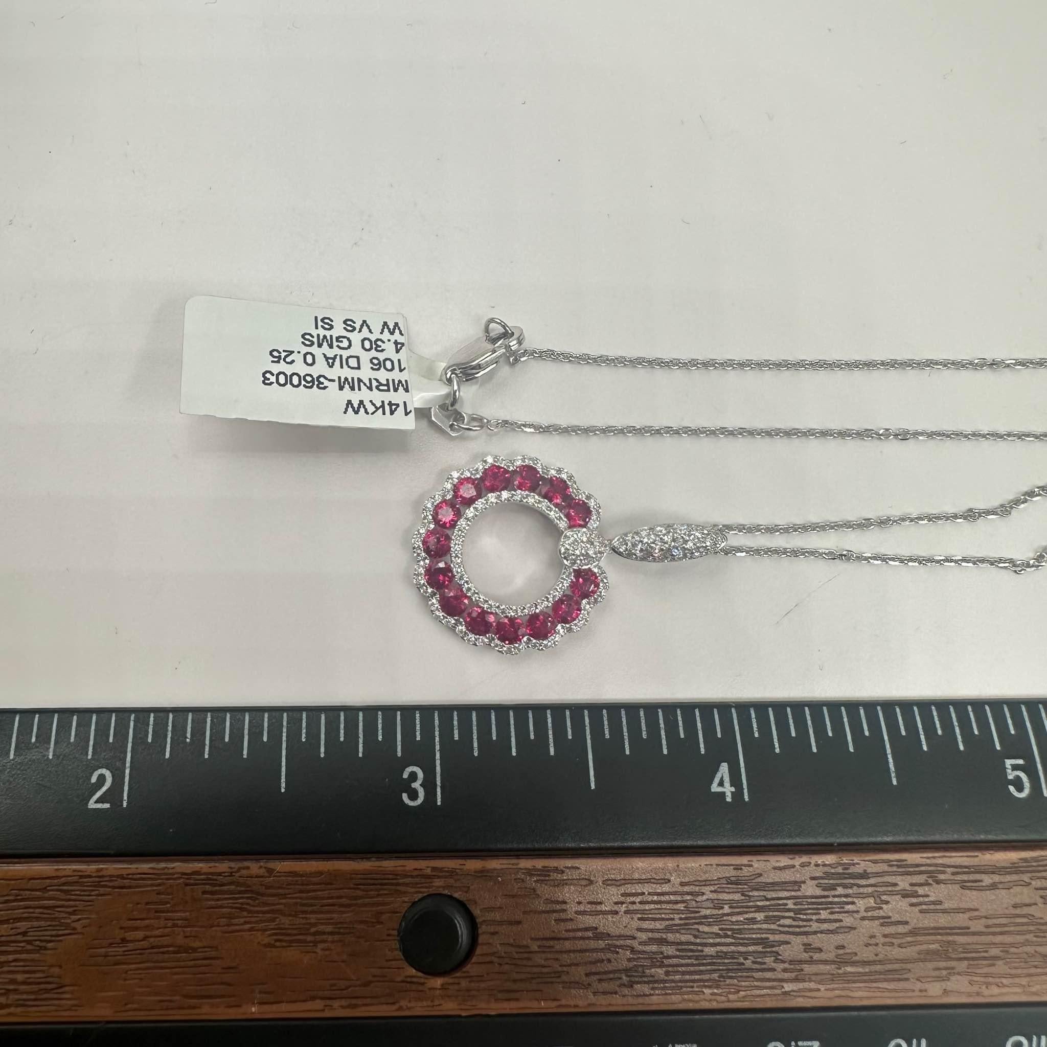 Women's Ruby and Diamond Necklace in 14kt White Gold - 0.25ctw GH VS/SI Diamonds For Sale