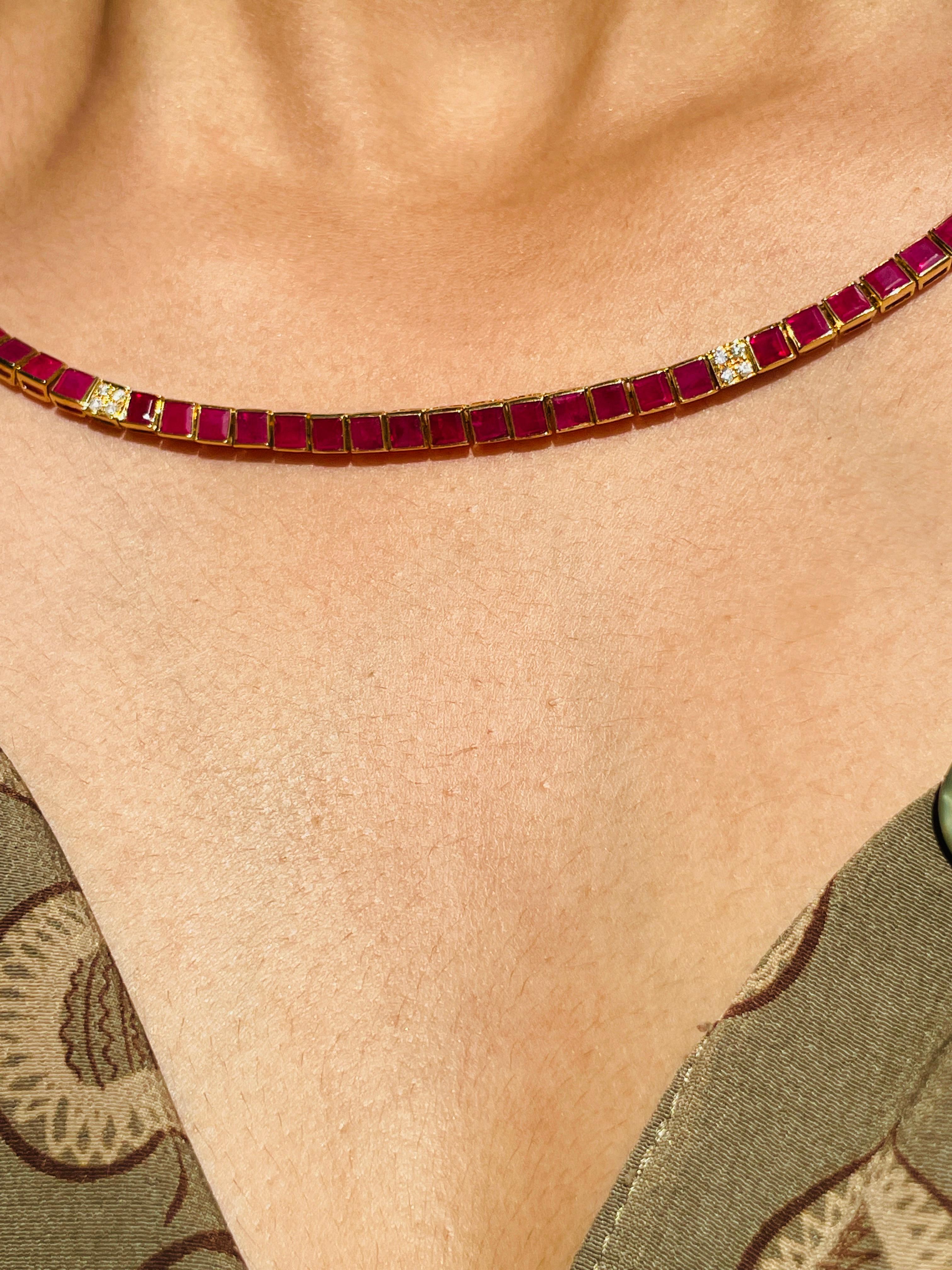 Ruby Necklace in 18K Gold studded with square cut ruby pieces and diamonds.
Accessorize your look with this elegant ruby beaded necklace. This stunning piece of jewelry instantly elevates a casual look or dressy outfit. Comfortable and easy to wear,