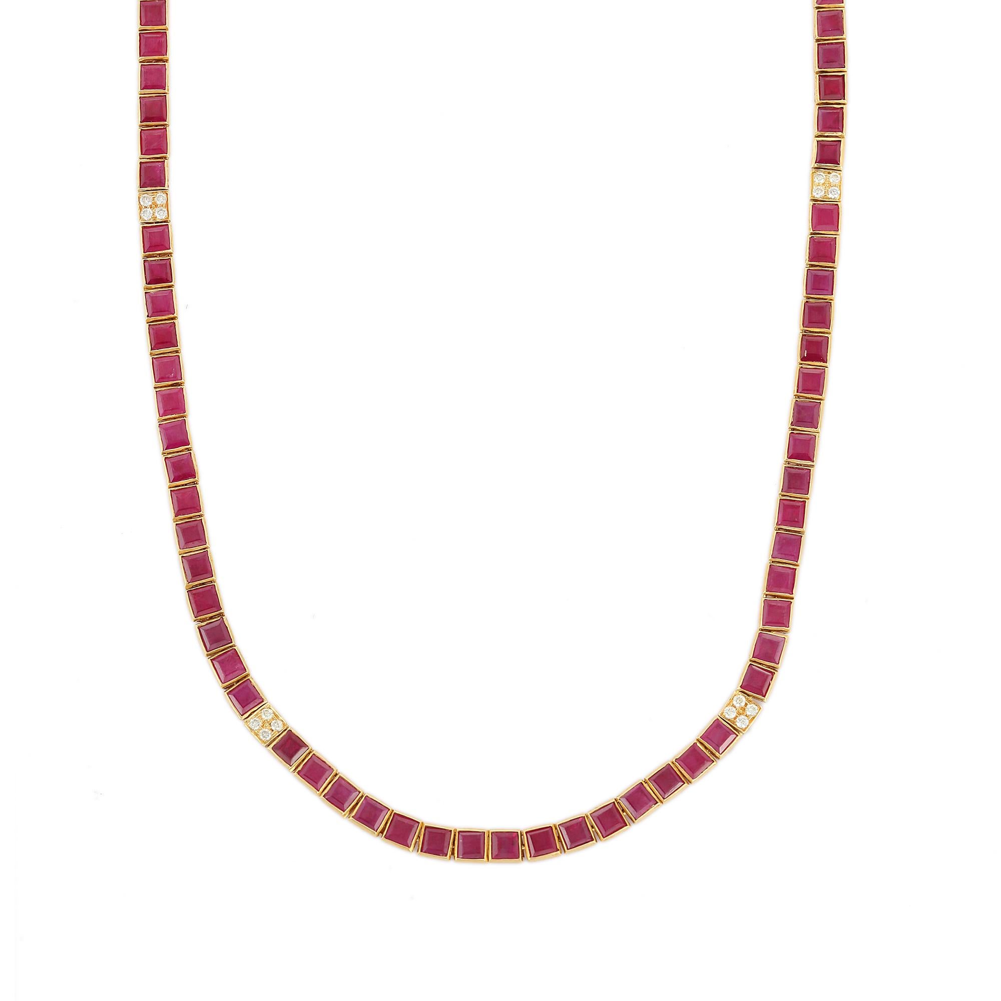 Square Cut Ruby and Diamond Necklace in 18 Karat Yellow Gold For Sale