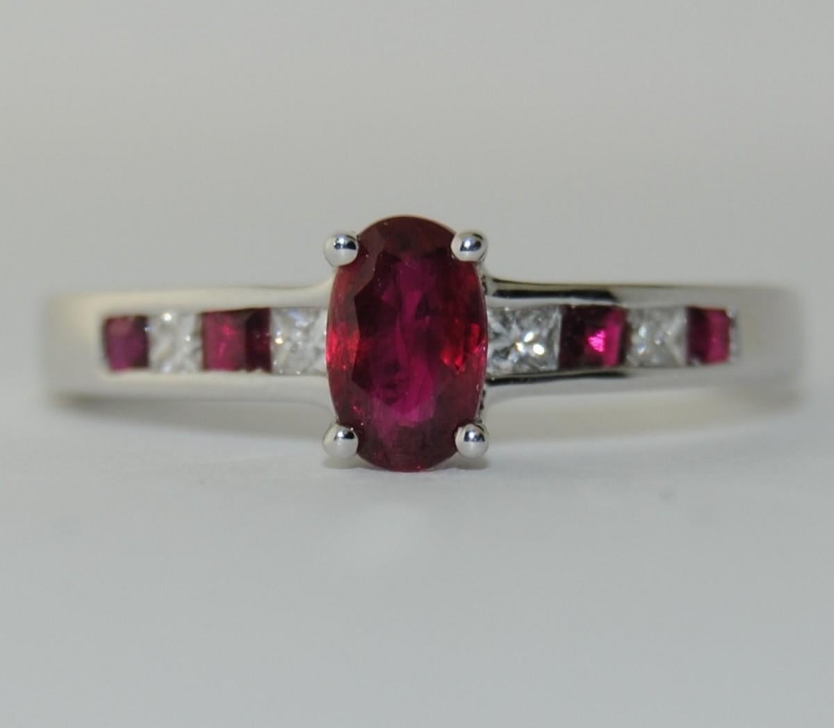 Oval Cut Ruby with Diamond Ring in 14 Karat White Gold  For Sale
