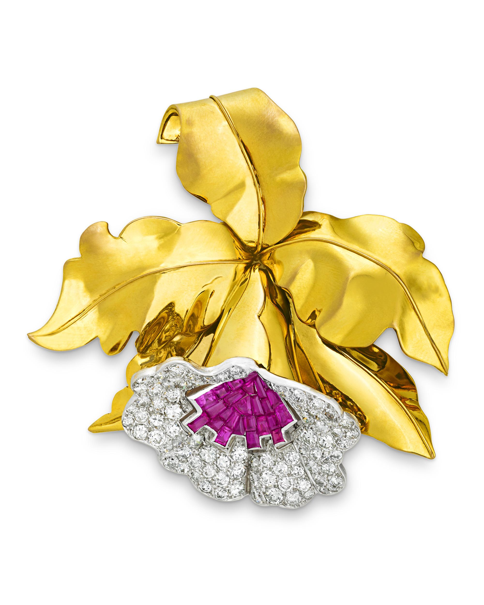 Modern Ruby and Diamond Orchid Pin For Sale