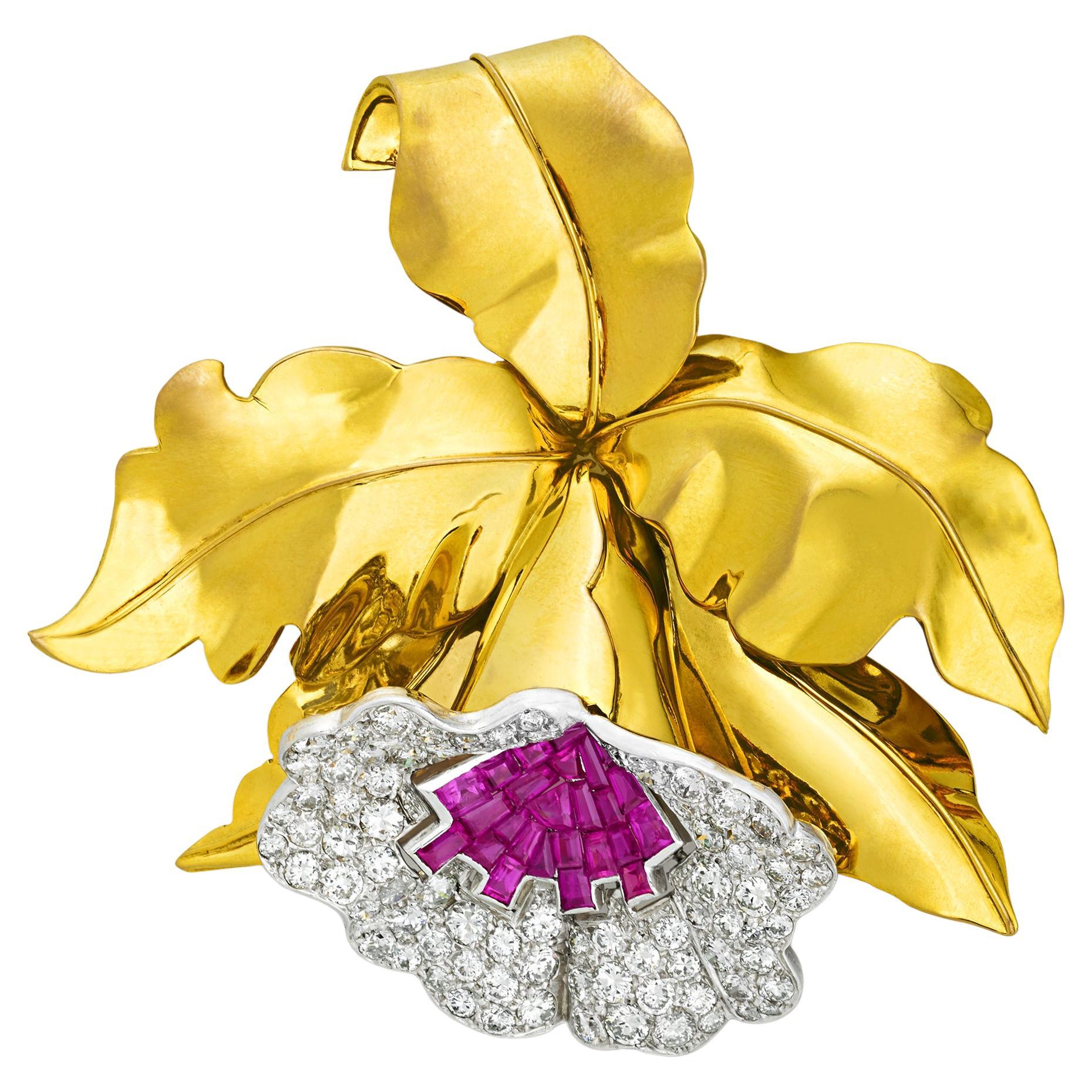 Ruby and Diamond Orchid Pin For Sale
