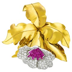 Ruby and Diamond Orchid Pin