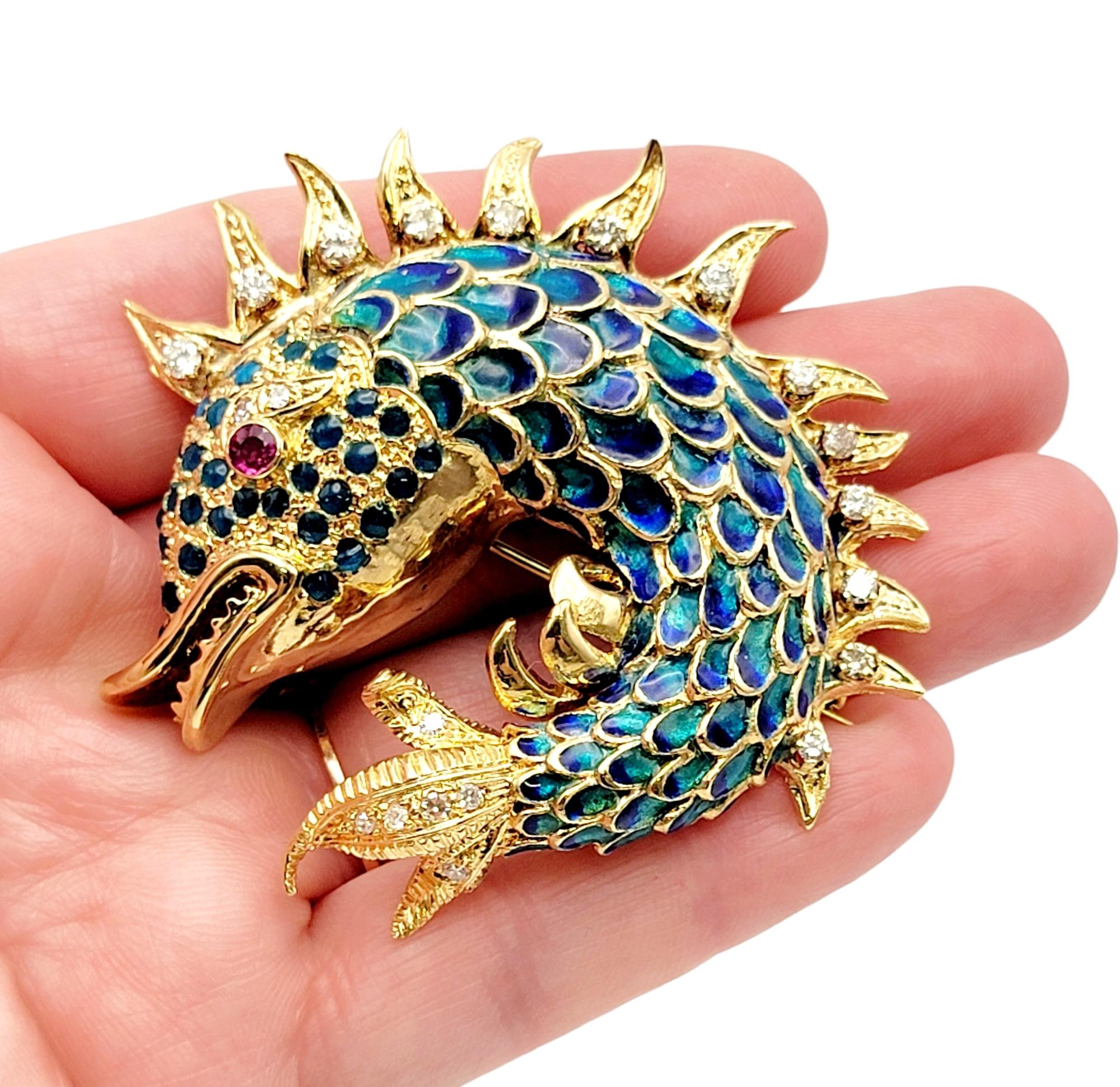 Ornate Scaled 14 Karat Yellow Gold Fish Brooch with Diamonds, Ruby and Enamel  1