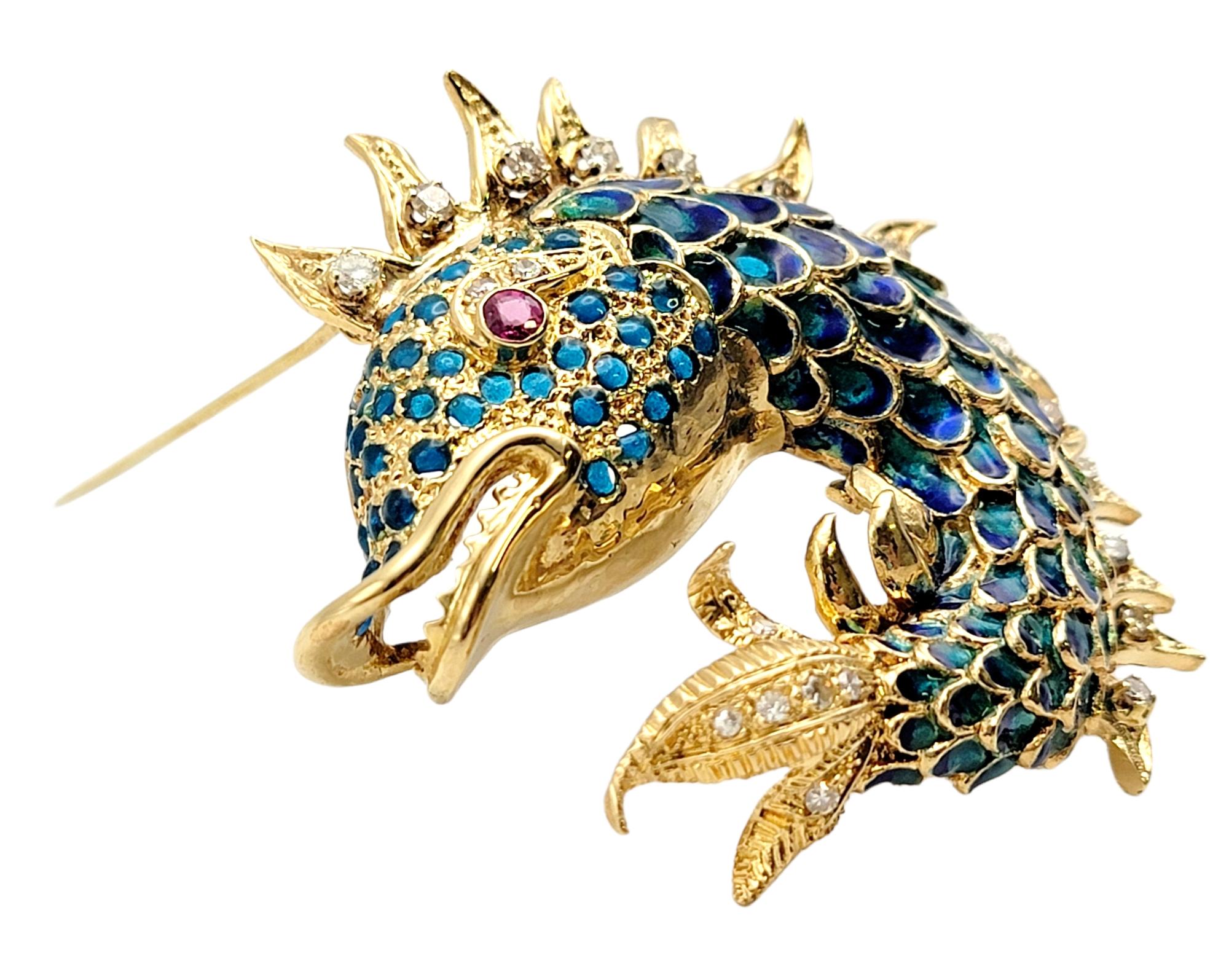 Modern Ornate Scaled 14 Karat Yellow Gold Fish Brooch with Diamonds, Ruby and Enamel 