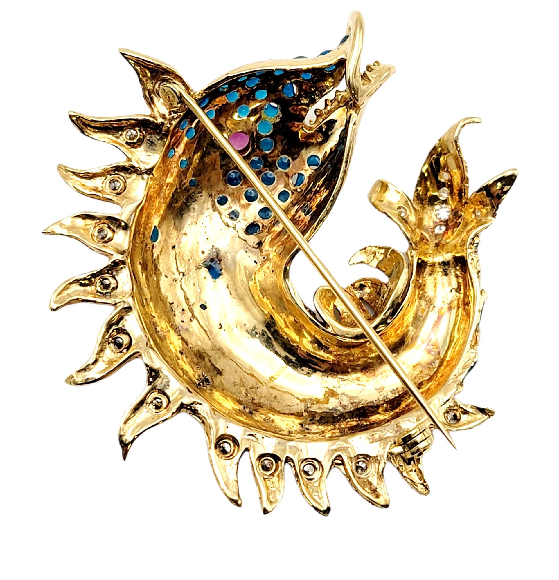 Round Cut Ornate Scaled 14 Karat Yellow Gold Fish Brooch with Diamonds, Ruby and Enamel 