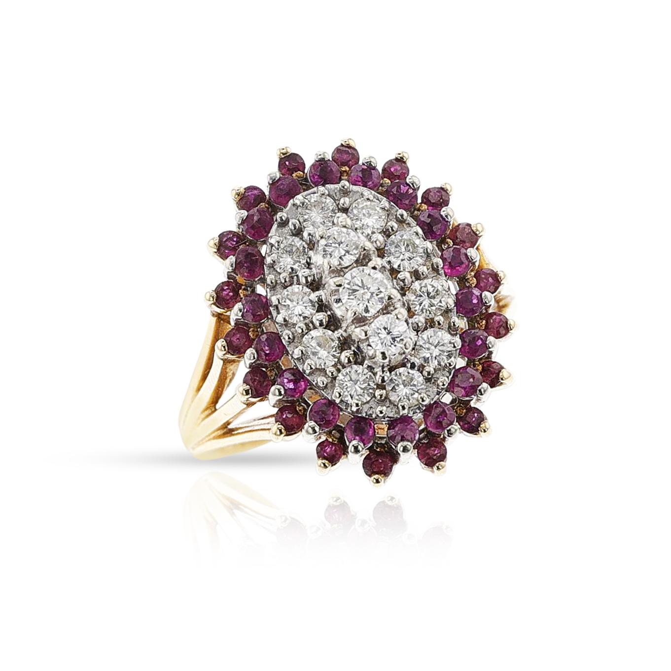 Ovaler Cluster-Ring mit Rubin und Diamant, 14k (Rundschliff) im Angebot