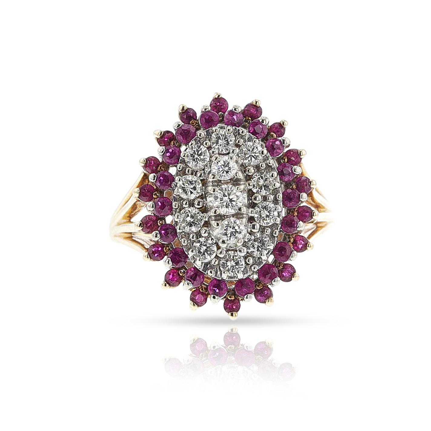 Ovaler Cluster-Ring mit Rubin und Diamant, 14k für Damen oder Herren im Angebot