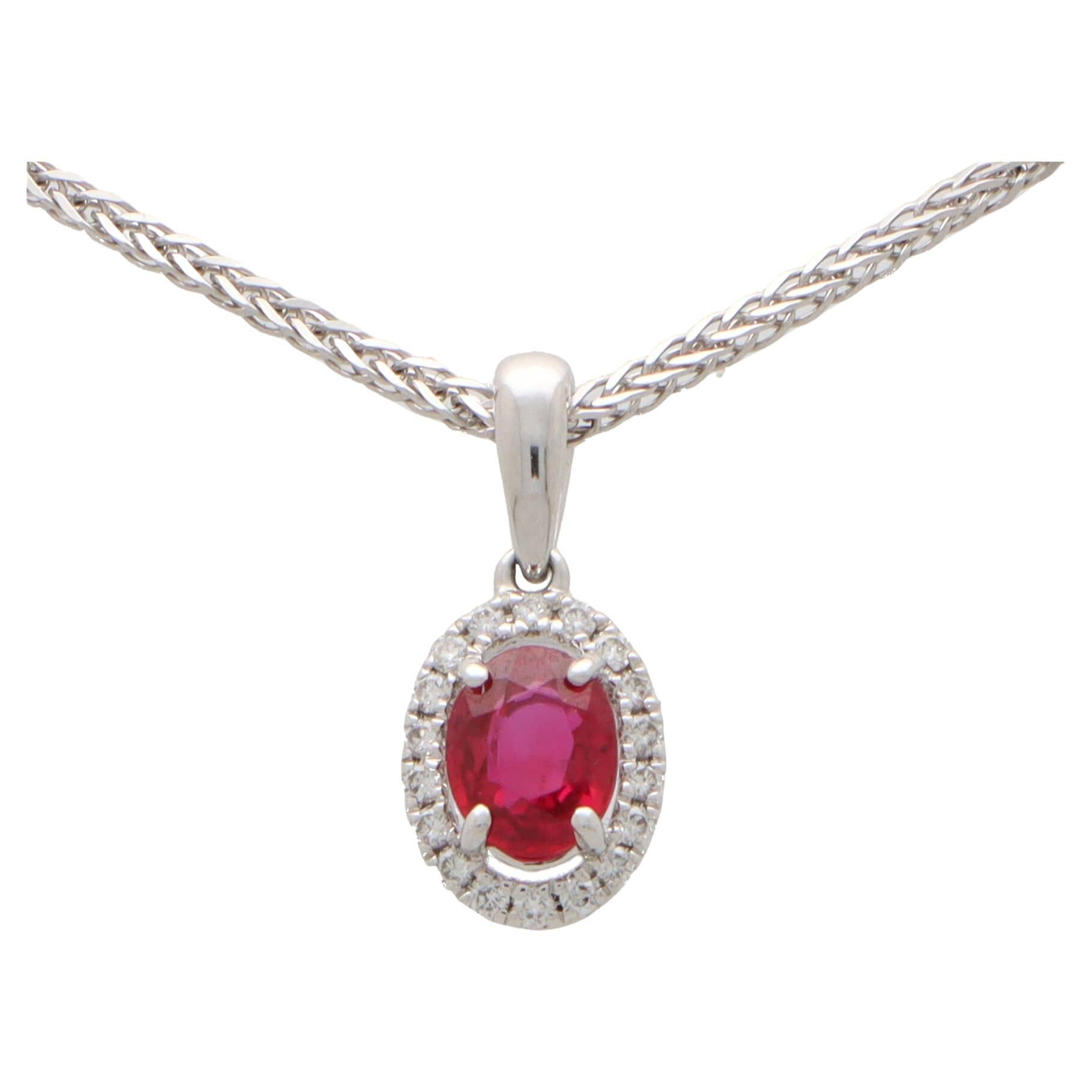  Ruby and Diamond Oval Halo Pendant Necklace Set in 18k White Gold For Sale