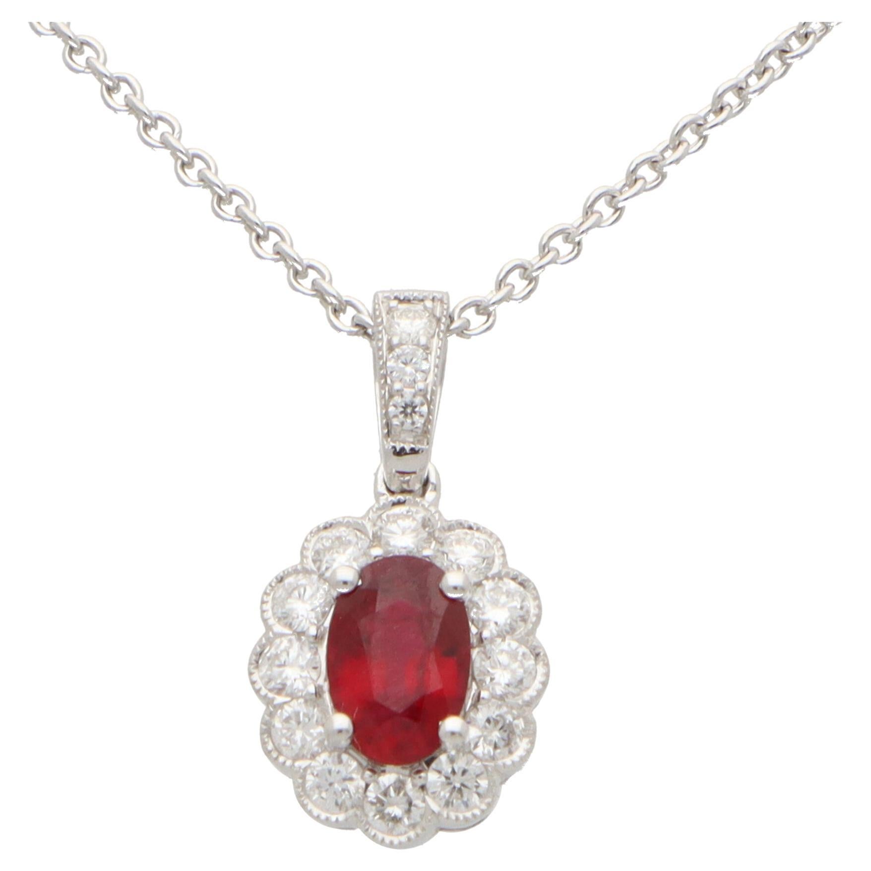 Ruby and Diamond Oval Pendant Set in 18k White Gold For Sale