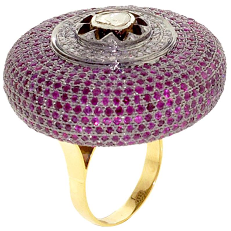 Ruby and Diamond Pave Disc Ring For Sale