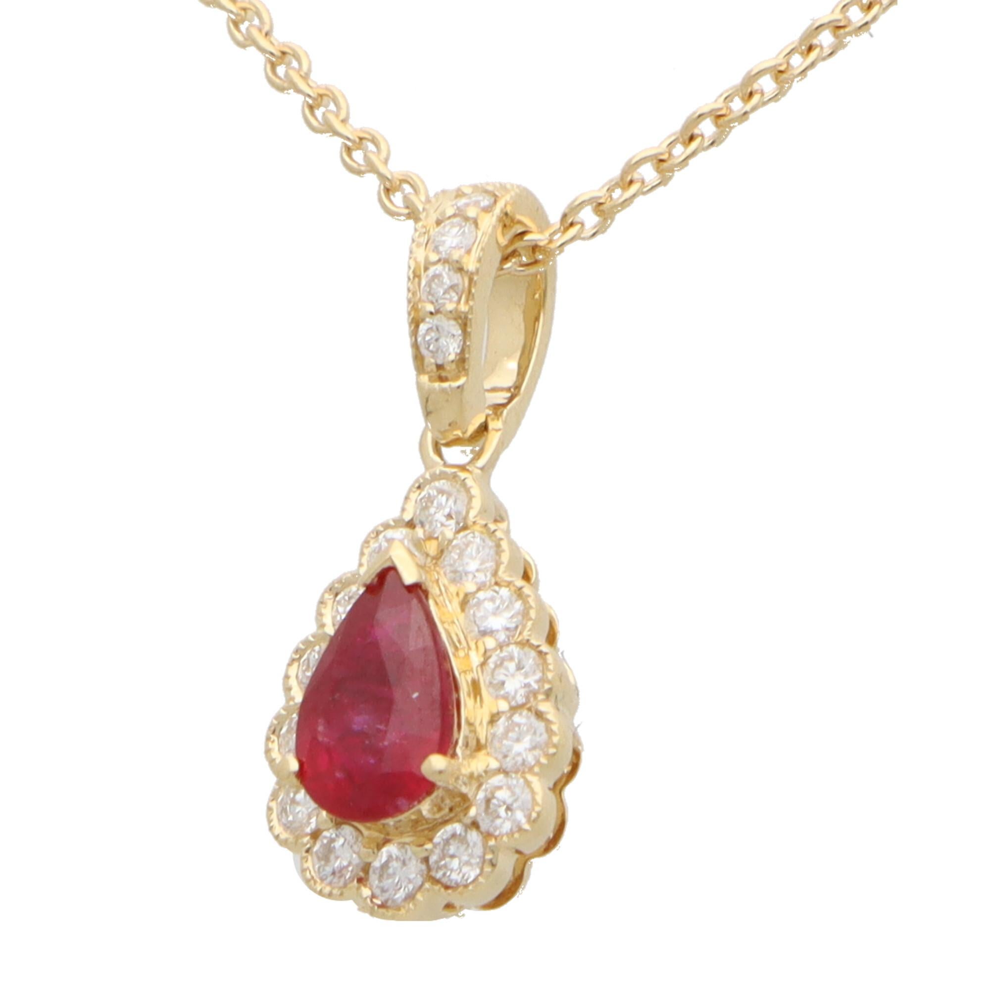 Modern Ruby and Diamond Pear Shape Pendant Necklace in 18k Yellow Gold For Sale