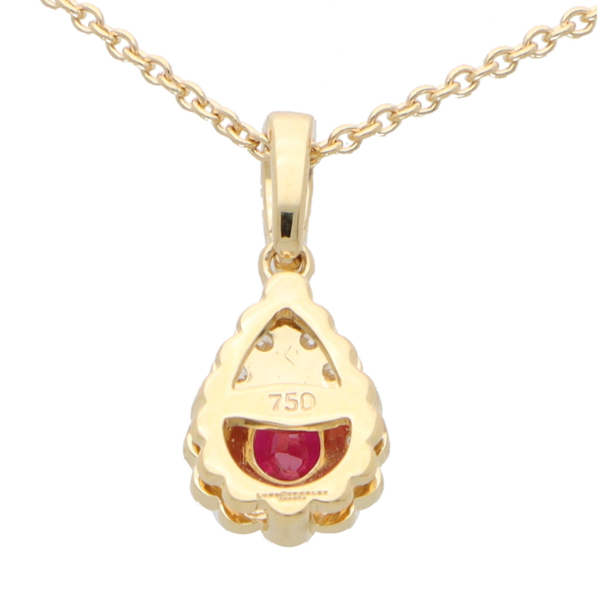 Pear Cut Ruby and Diamond Pear Shape Pendant Necklace in 18k Yellow Gold For Sale