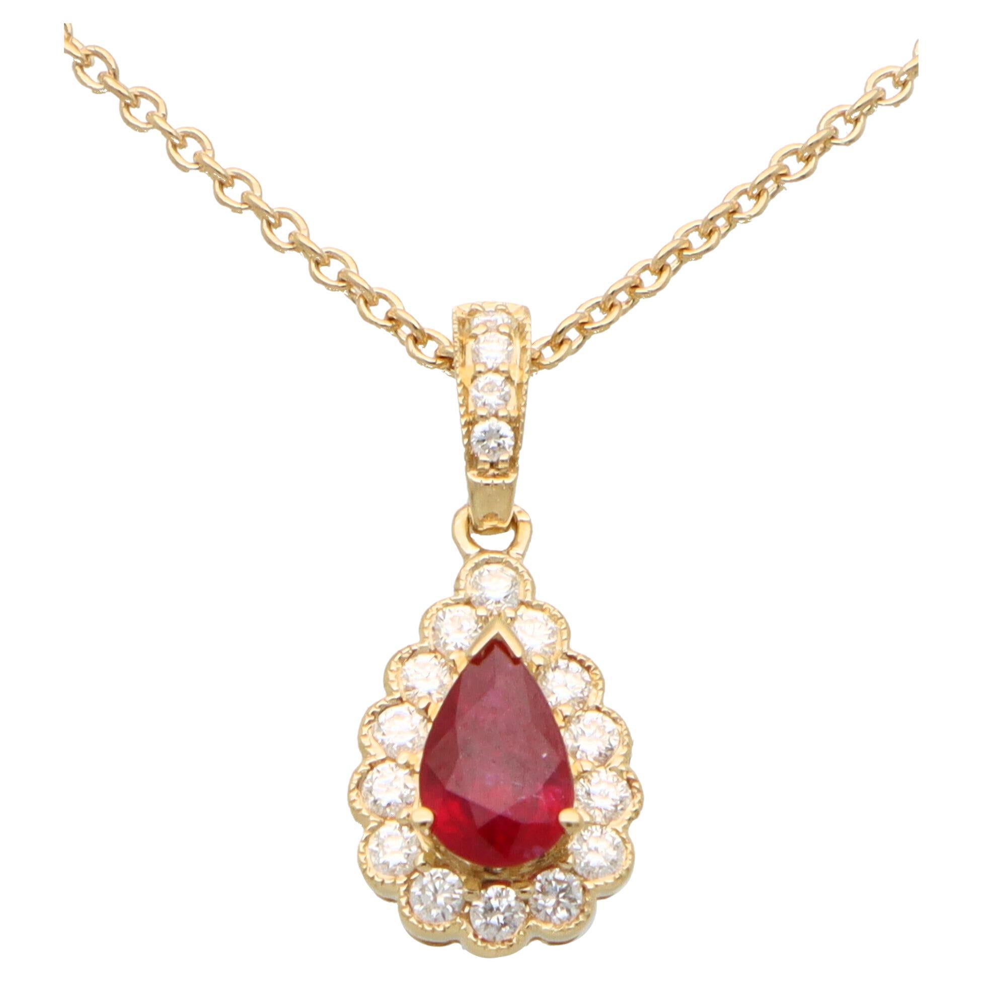 Ruby and Diamond Pear Shape Pendant Necklace in 18k Yellow Gold