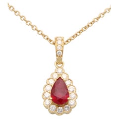 Ruby and Diamond Pear Shape Pendant Necklace in 18k Yellow Gold