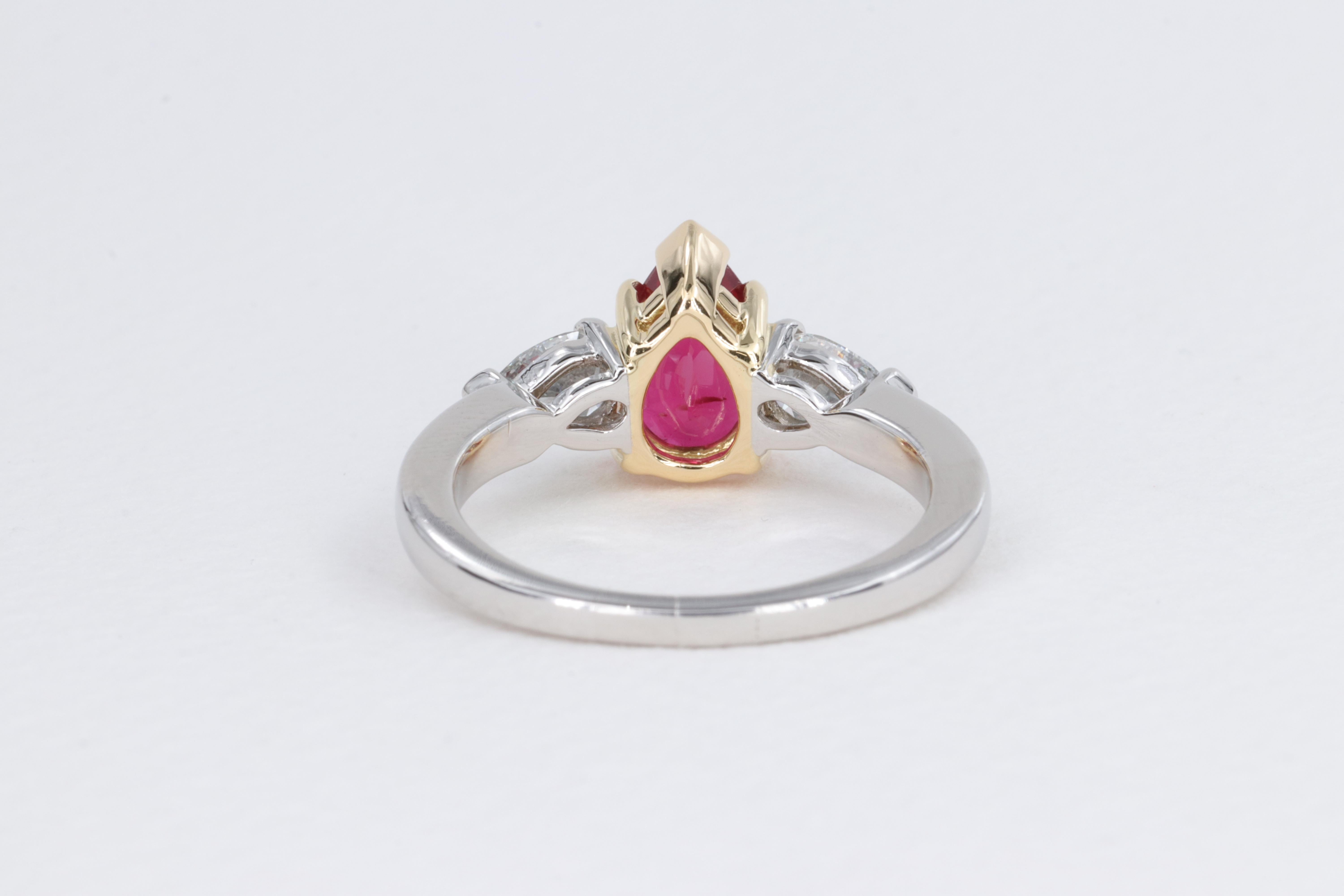 Ruby and Diamond Pear Shape GIA 3 Stone Ring in Platinum and Yellow Gold For Sale 2