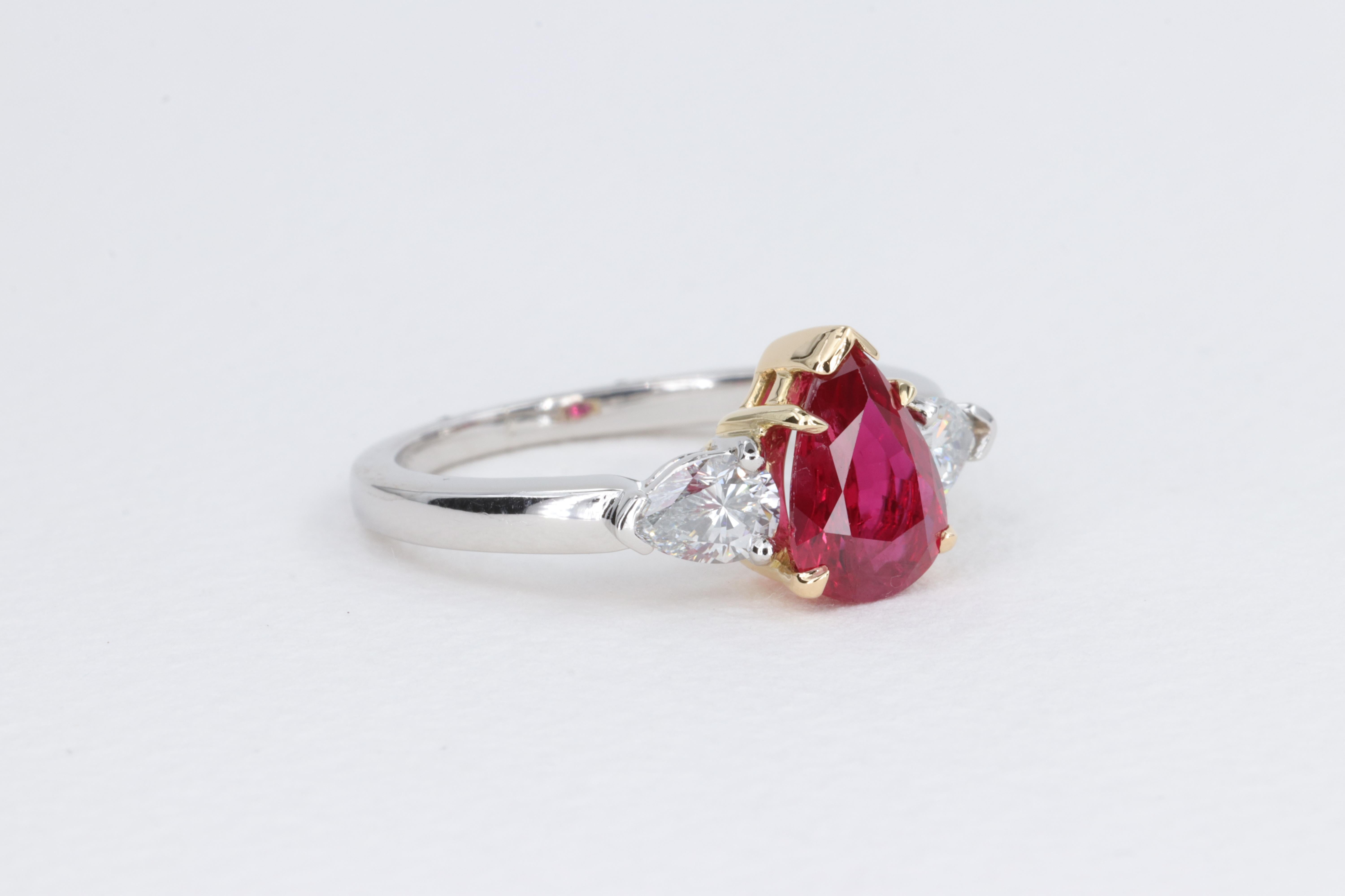 Pear Cut Ruby and Diamond Pear Shape GIA 3 Stone Ring in Platinum and Yellow Gold For Sale