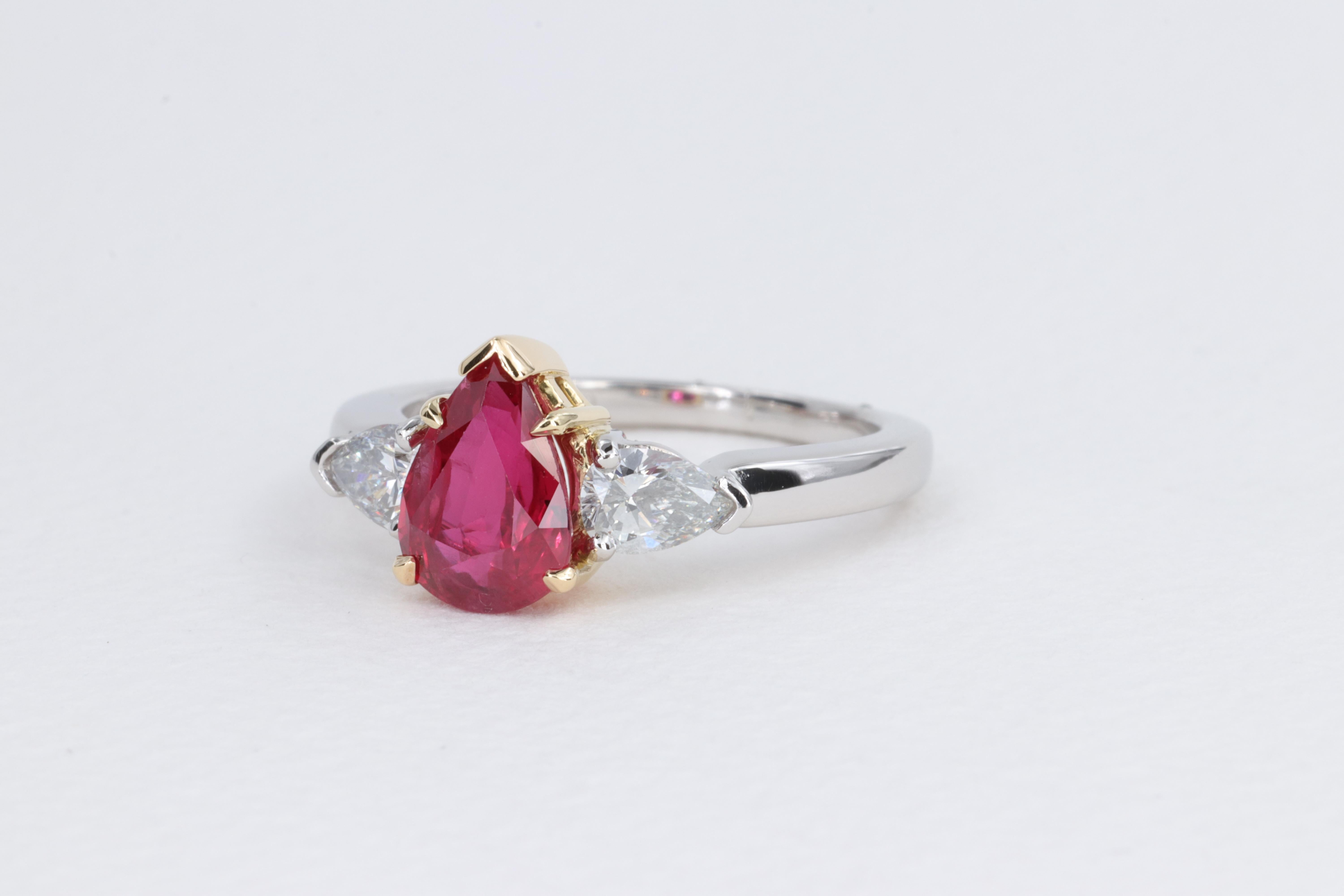 Ruby and Diamond Pear Shape GIA 3 Stone Ring in Platinum and Yellow Gold In Good Condition For Sale In Tampa, FL