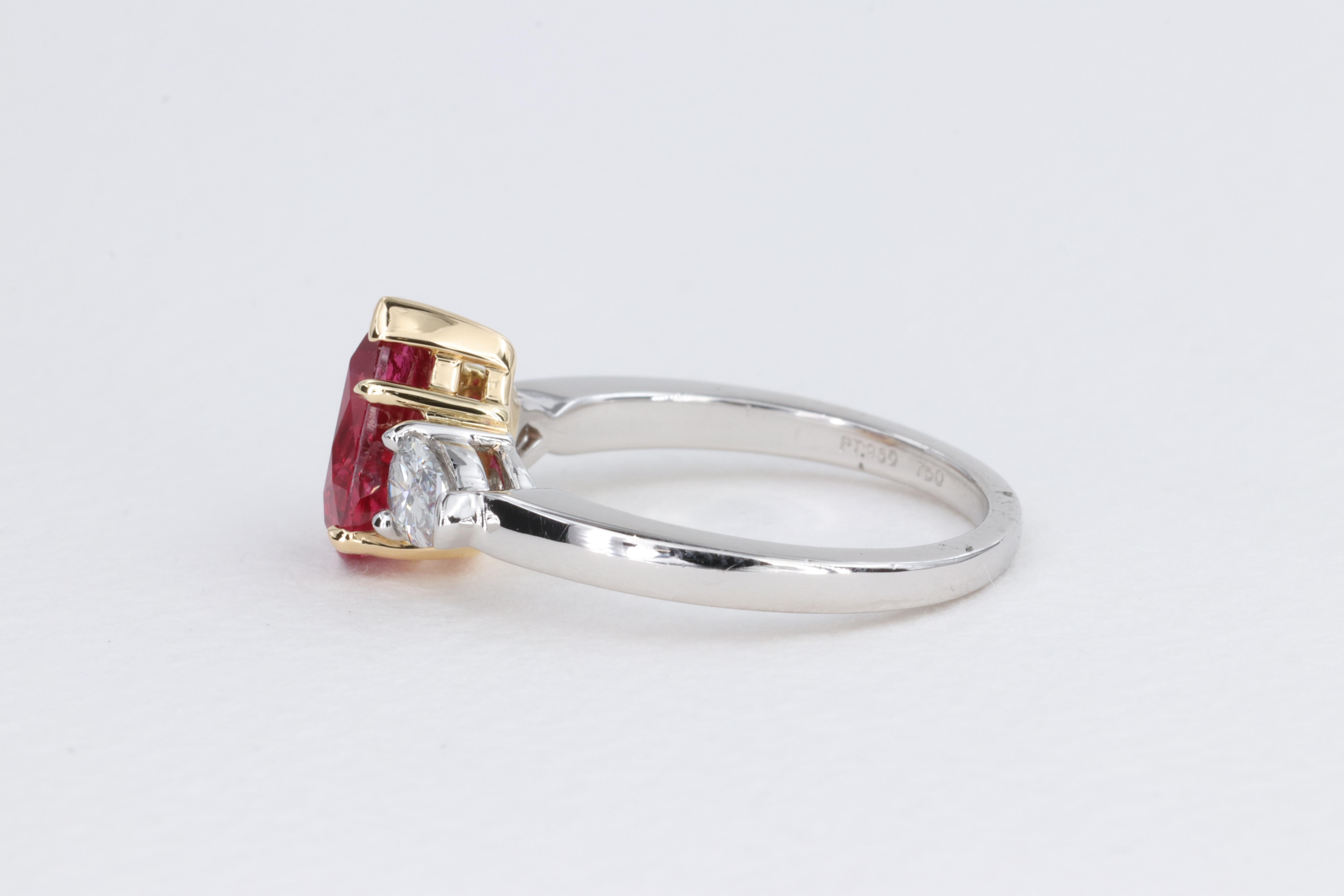 Women's or Men's Ruby and Diamond Pear Shape GIA 3 Stone Ring in Platinum and Yellow Gold For Sale