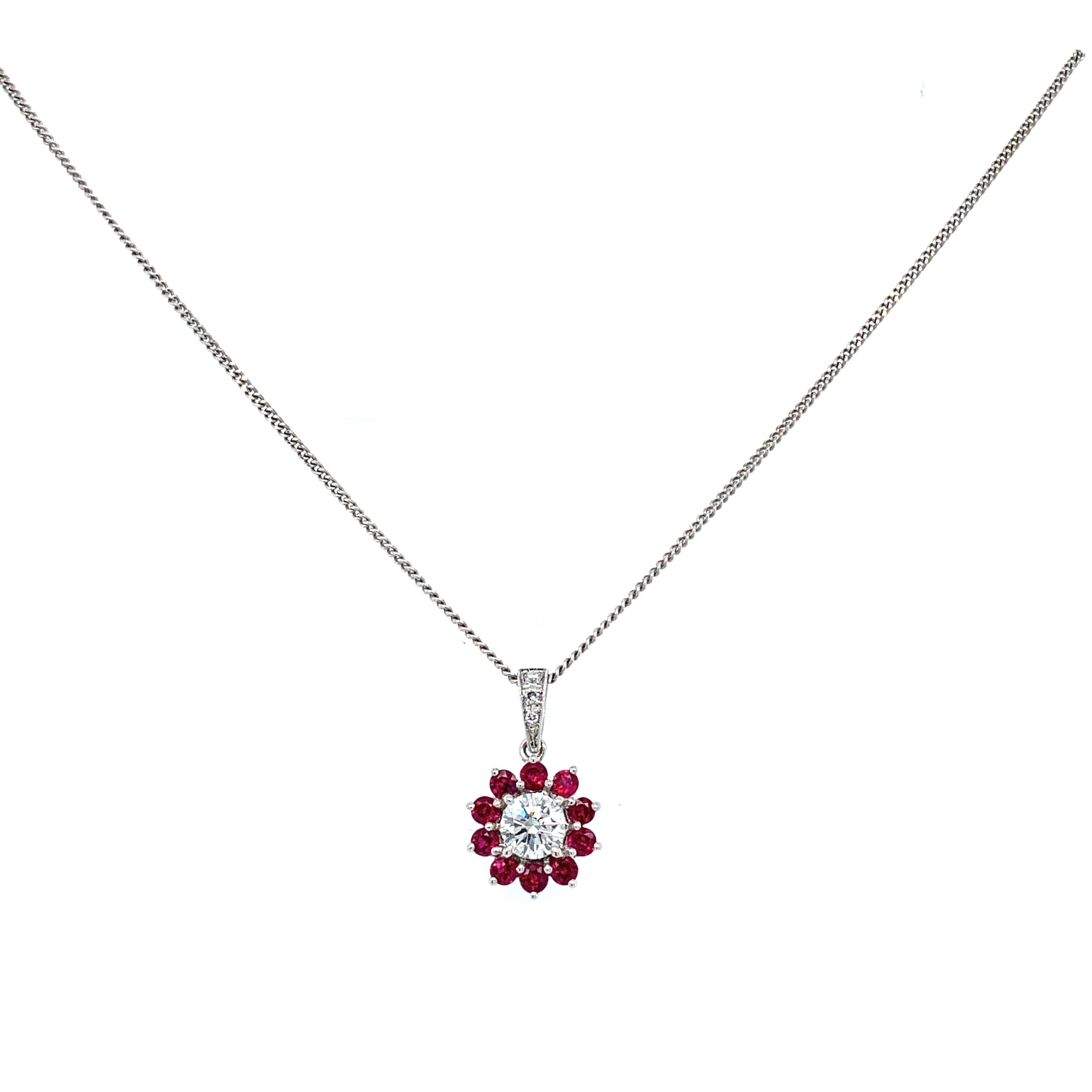 Round Cut Ruby and diamond pendant art deco 18k white gold  For Sale