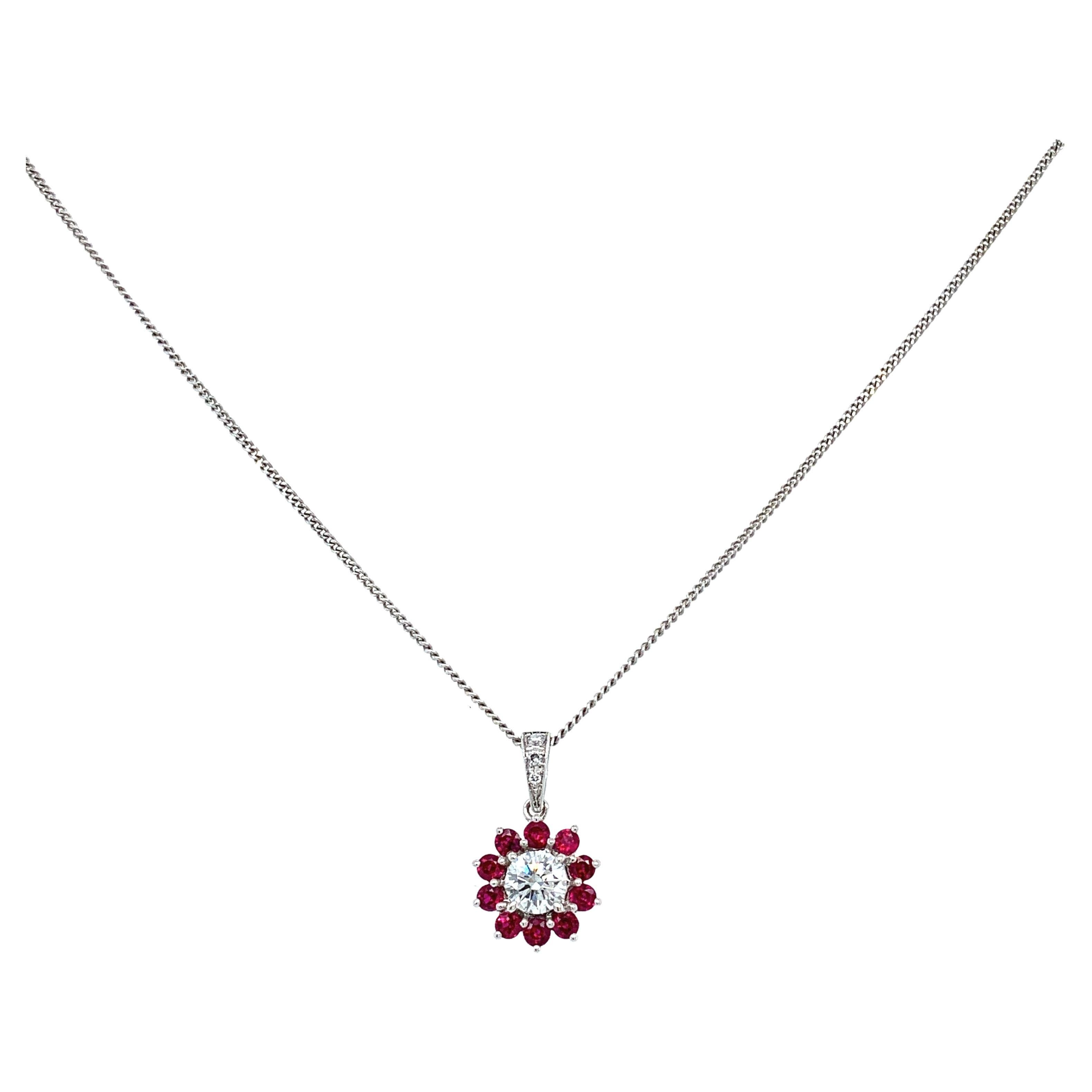 Ruby and diamond pendant art deco 18k white gold  For Sale