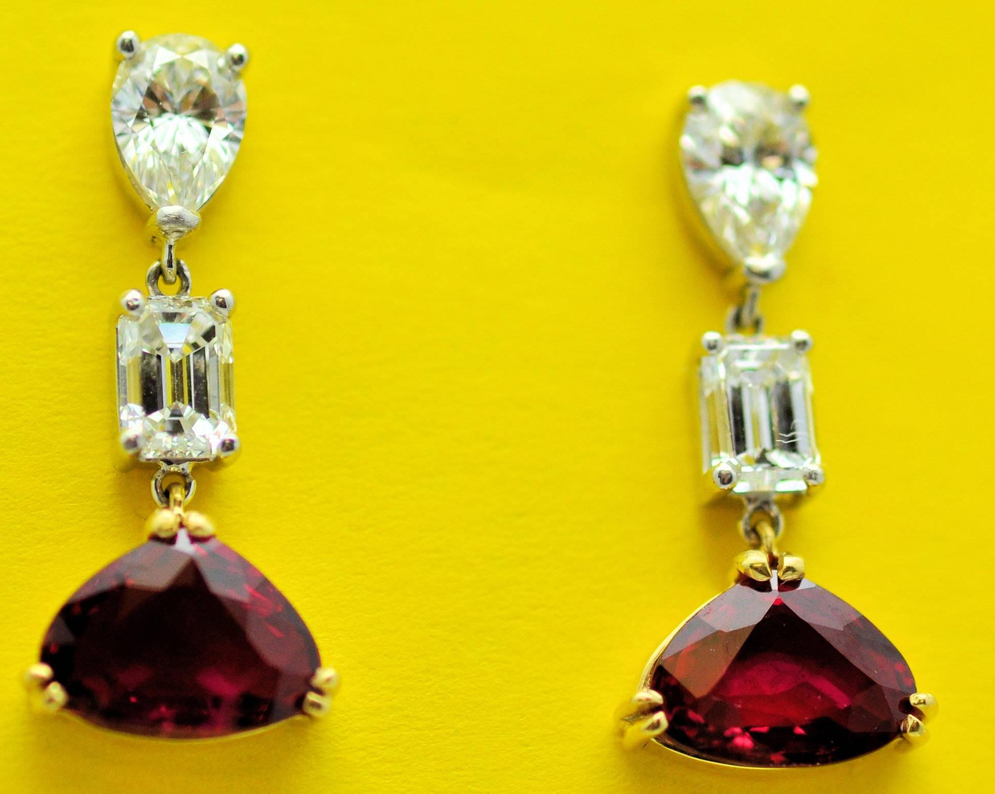 Women's Ruby and Diamond Pendant Earrings in Platinum and Gold For Sale